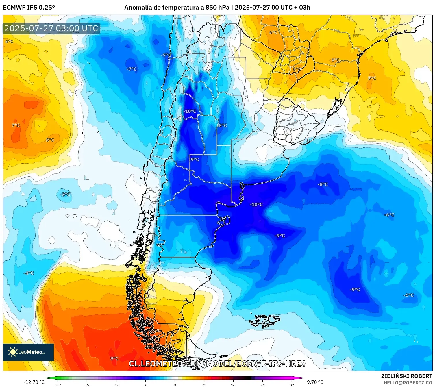 ECMWF IFS 0.25° model - Argentina, Anomalía de temperatura a 850 hPa ECMWF IFS 0.25° model - Argentina, Anomalía de temperatura a 850 hPa