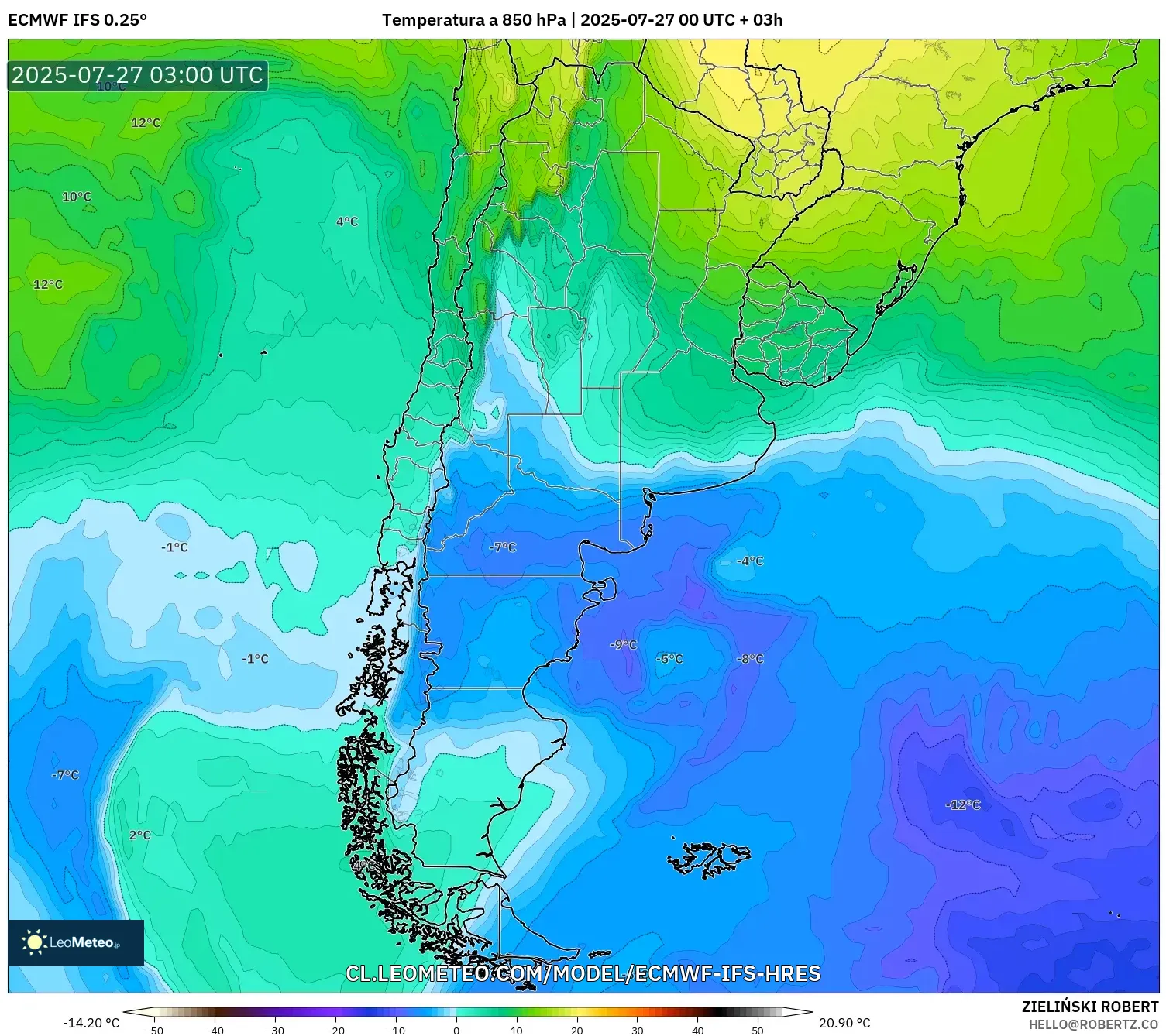 ECMWF IFS 0.25° model - Argentina, Temperatura a 850 hPa ECMWF IFS 0.25° model - Argentina, Temperatura a 850 hPa