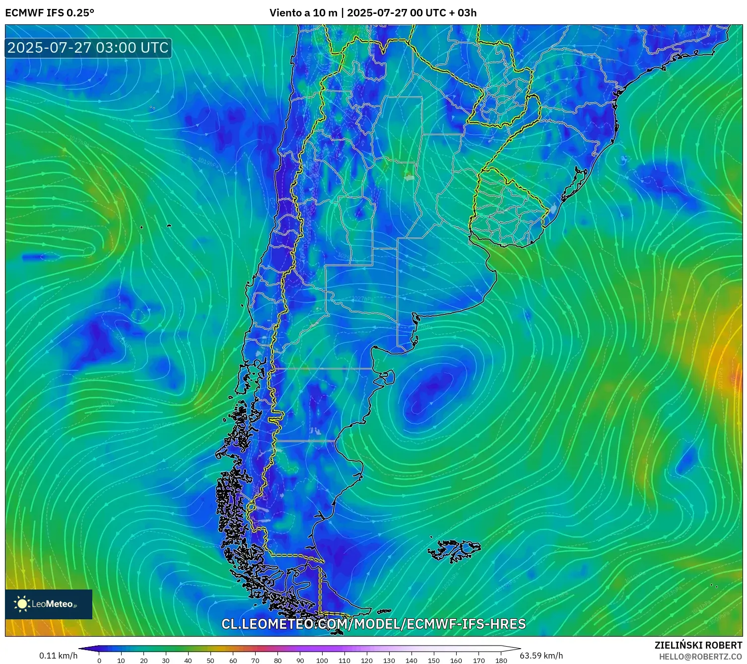 ECMWF IFS 0.25° model - Argentina, Viento a 10 m ECMWF IFS 0.25° model - Argentina, Viento a 10 m