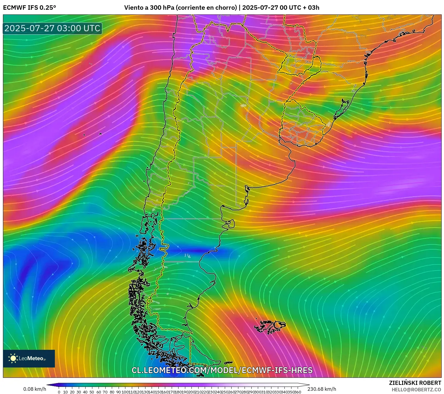 ECMWF IFS 0.25° model - Argentina, Viento a 300 hPa (corriente en chorro) ECMWF IFS 0.25° model - Argentina, Viento a 300 hPa (corriente en chorro)