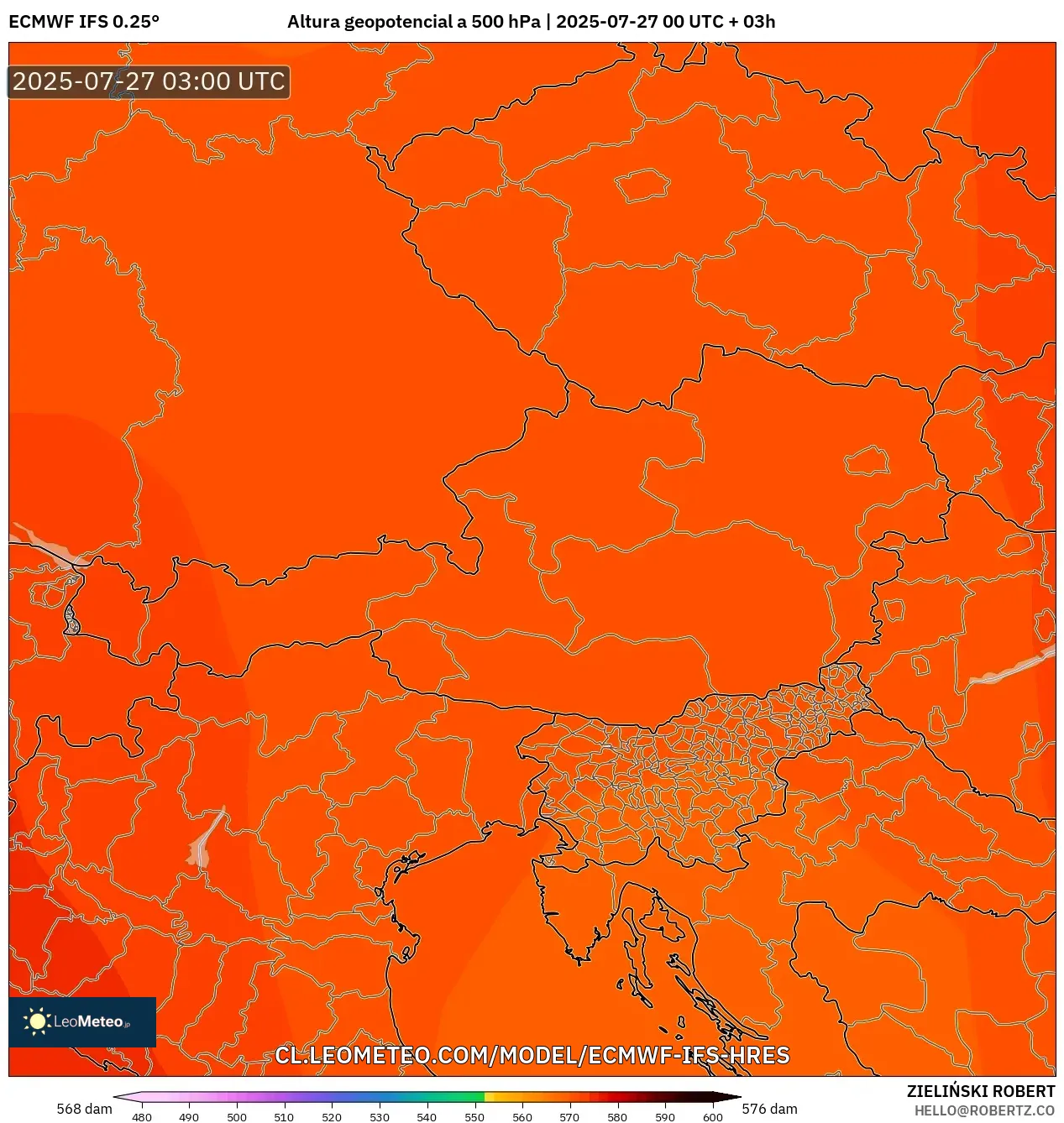 ECMWF IFS 0.25° model - Austria, Altura geopotencial a 500 hPa ECMWF IFS 0.25° model - Austria, Altura geopotencial a 500 hPa