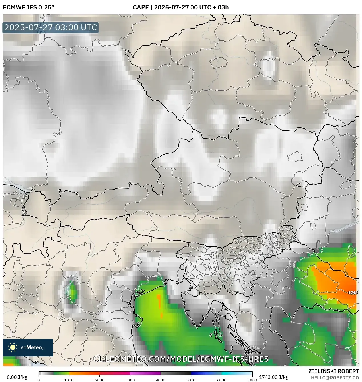 ECMWF IFS 0.25° model - Austria, CAPE ECMWF IFS 0.25° model - Austria, CAPE