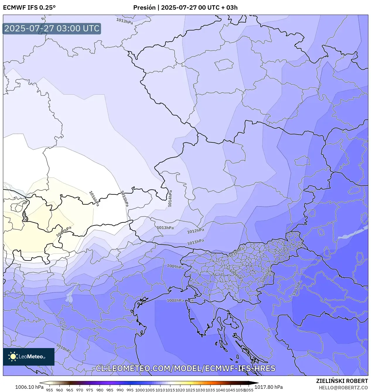 ECMWF IFS 0.25° model - Austria, Presión ECMWF IFS 0.25° model - Austria, Presión