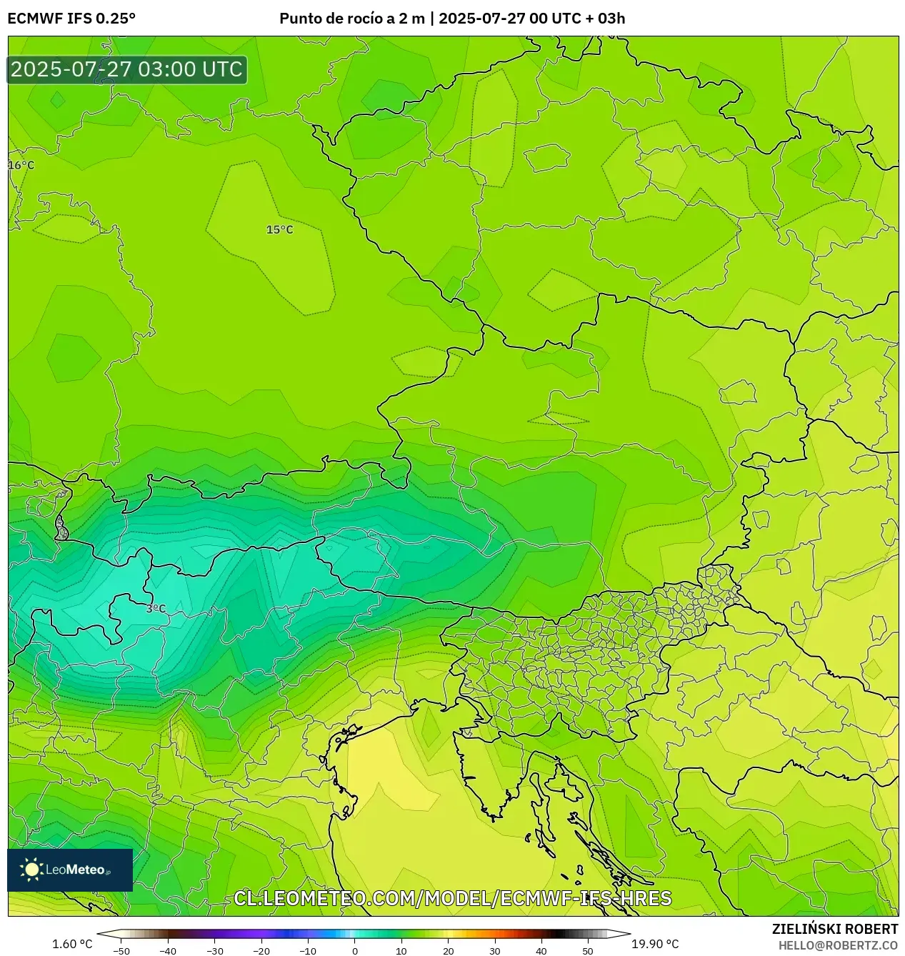 ECMWF IFS 0.25° model - Austria, Punto de rocío a 2 m ECMWF IFS 0.25° model - Austria, Punto de rocío a 2 m