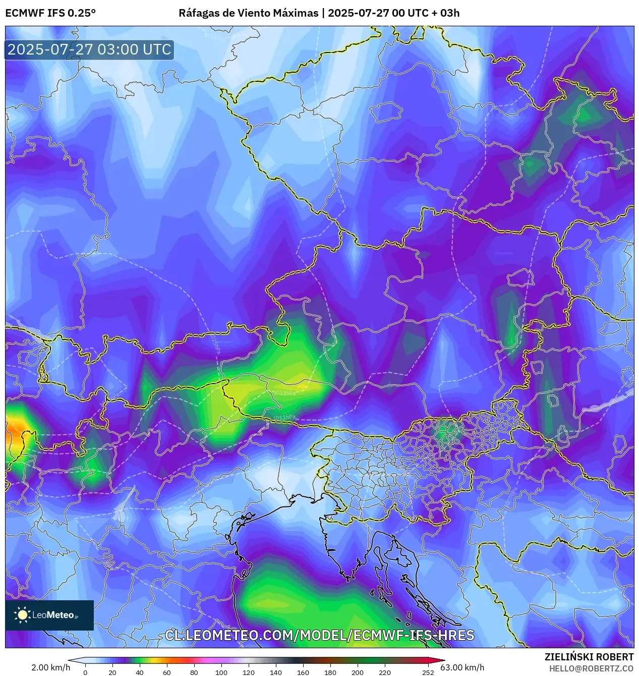 ECMWF IFS 0.25° model - Austria, Ráfagas de Viento Máximas ECMWF IFS 0.25° model - Austria, Ráfagas de Viento Máximas