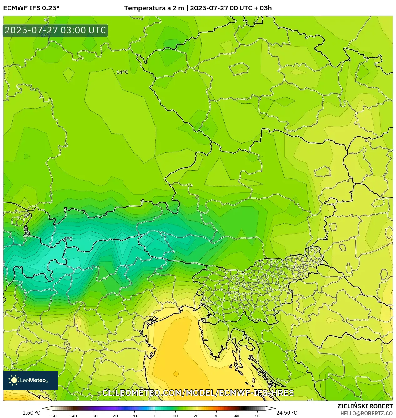 ECMWF IFS 0.25° model - Austria, Temperatura a 2 m