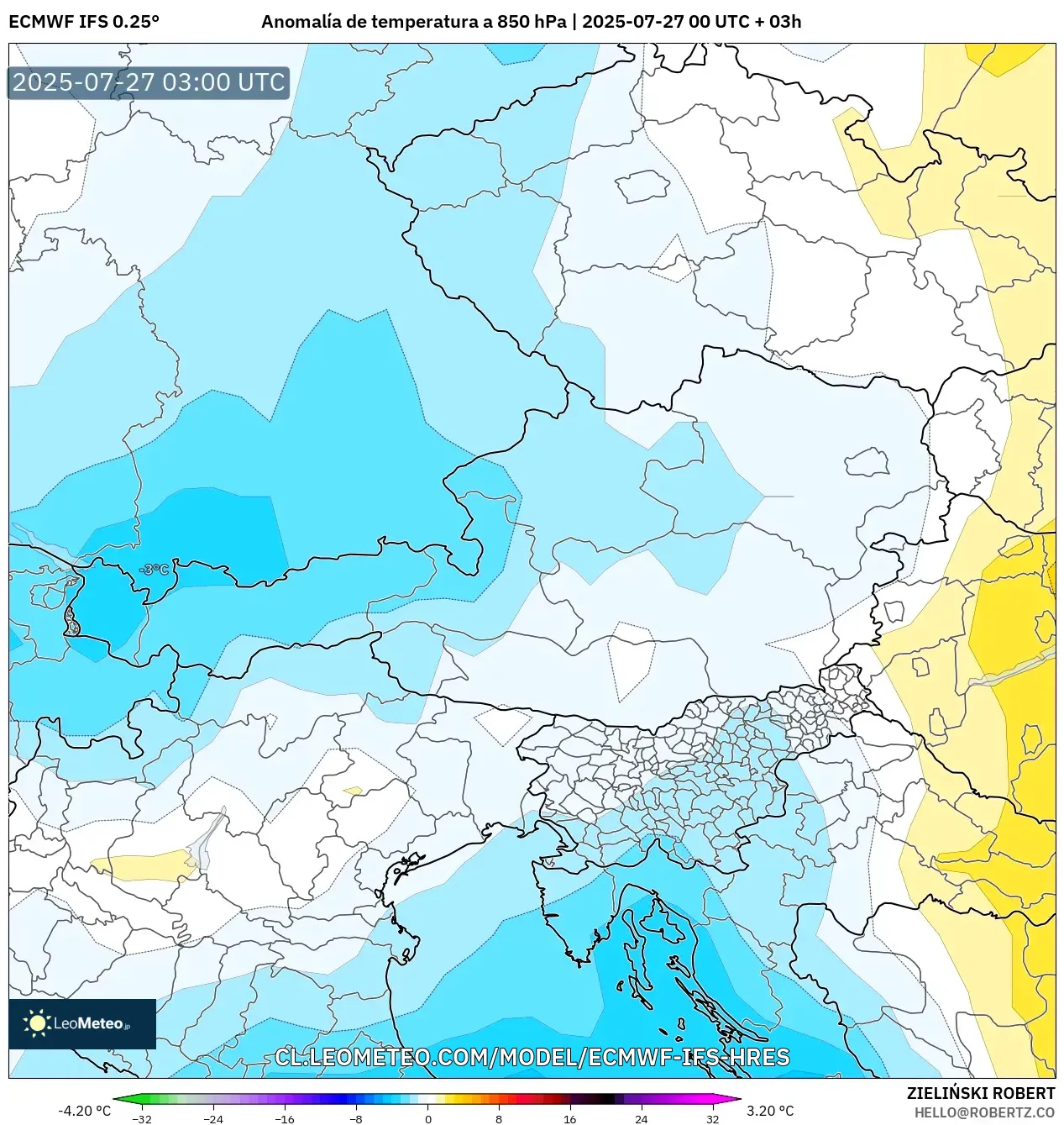 ECMWF IFS 0.25° model - Austria, Anomalía de temperatura a 850 hPa ECMWF IFS 0.25° model - Austria, Anomalía de temperatura a 850 hPa