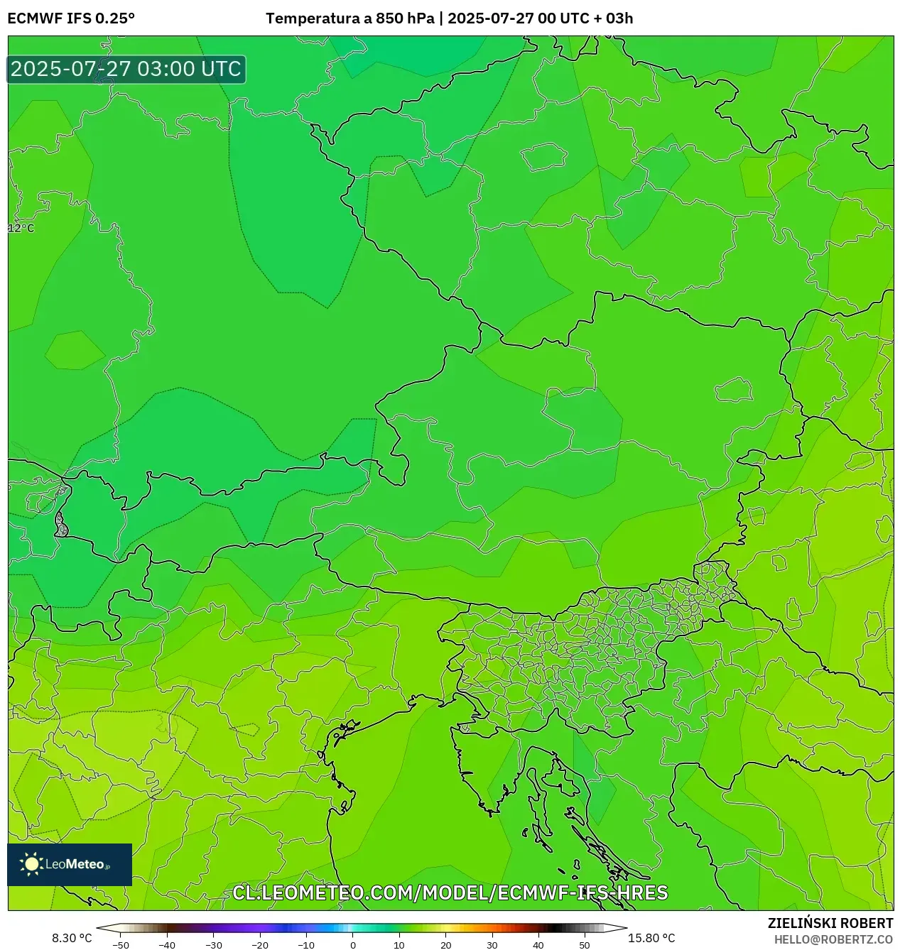 ECMWF IFS 0.25° model - Austria, Temperatura a 850 hPa
