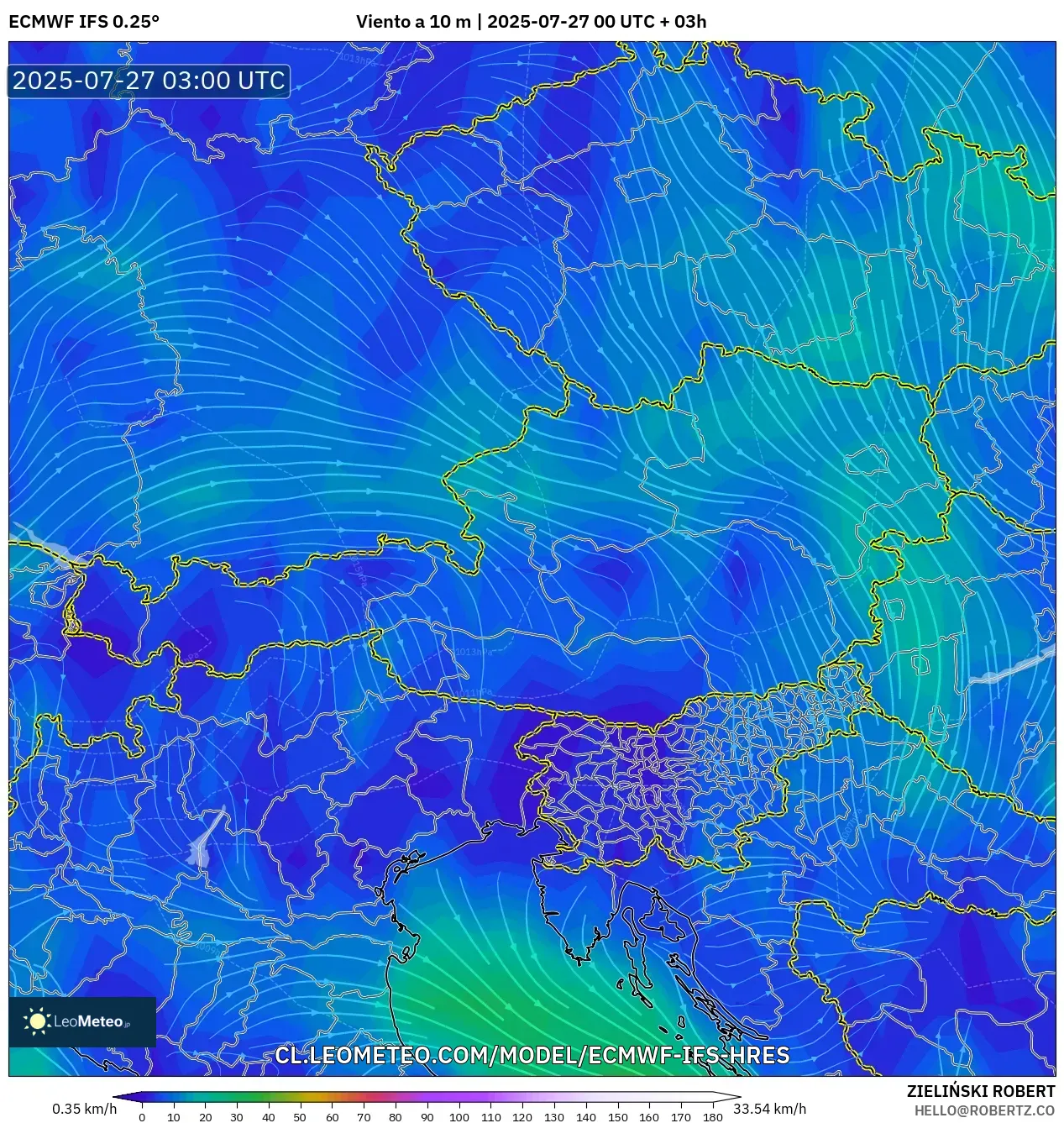 ECMWF IFS 0.25° model - Austria, Viento a 10 m ECMWF IFS 0.25° model - Austria, Viento a 10 m