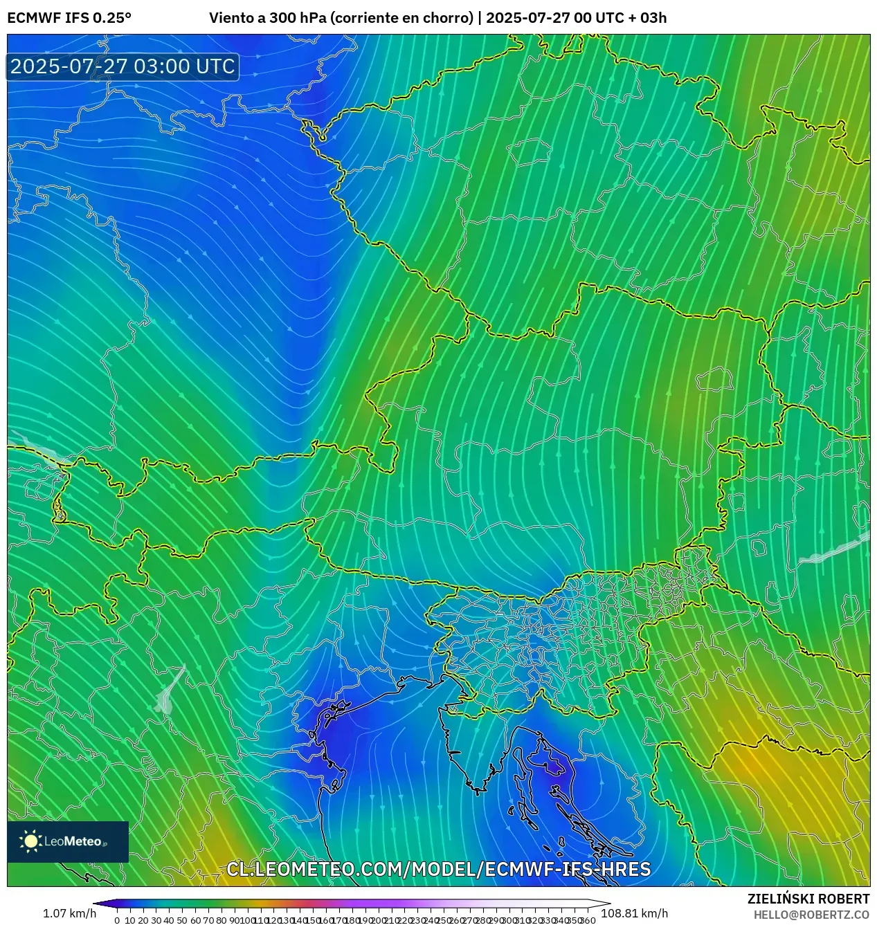ECMWF IFS 0.25° model - Austria, Viento a 300 hPa (corriente en chorro) ECMWF IFS 0.25° model - Austria, Viento a 300 hPa (corriente en chorro)