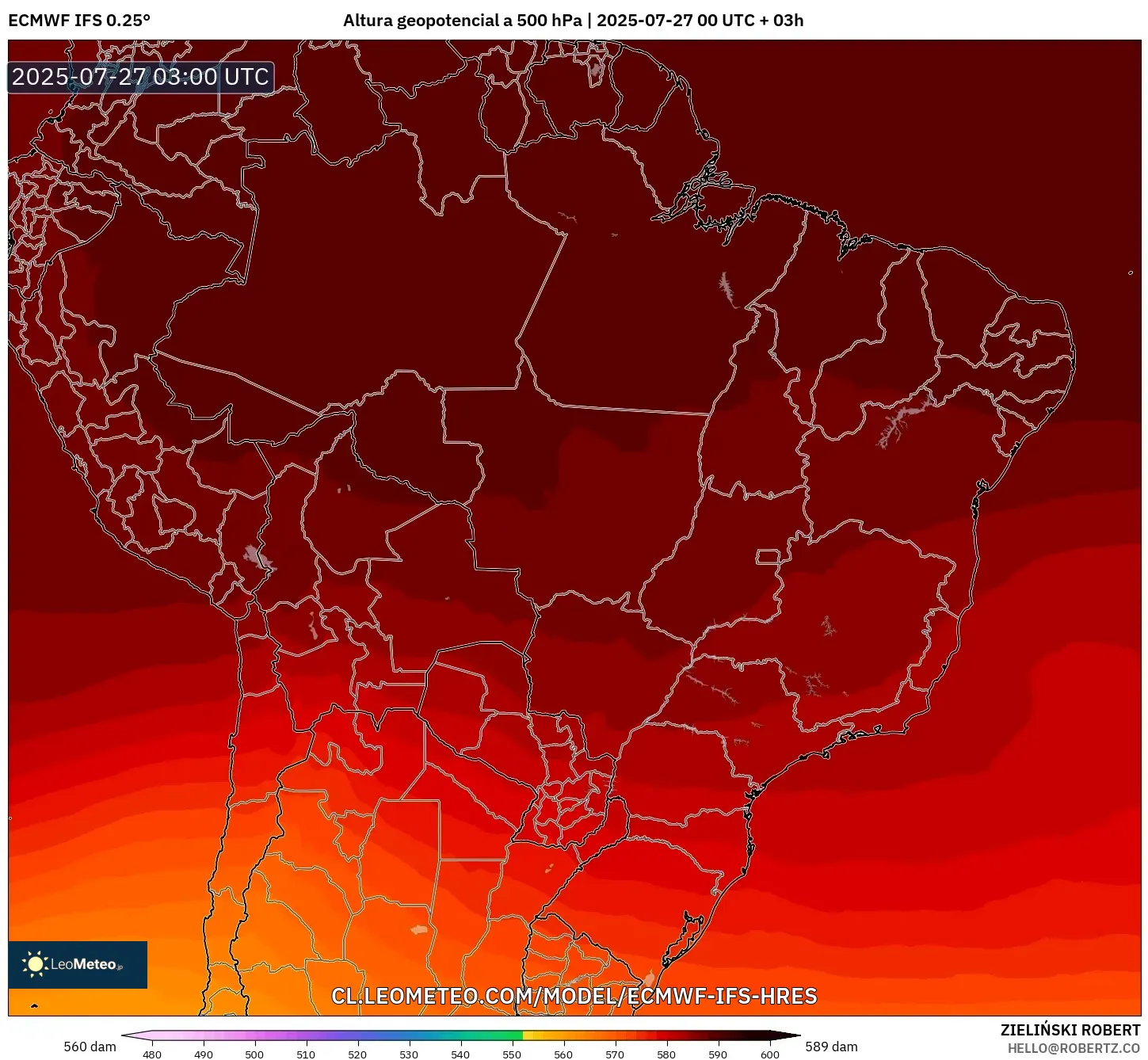 ECMWF IFS 0.25° model - Brasil, Altura geopotencial a 500 hPa ECMWF IFS 0.25° model - Brasil, Altura geopotencial a 500 hPa
