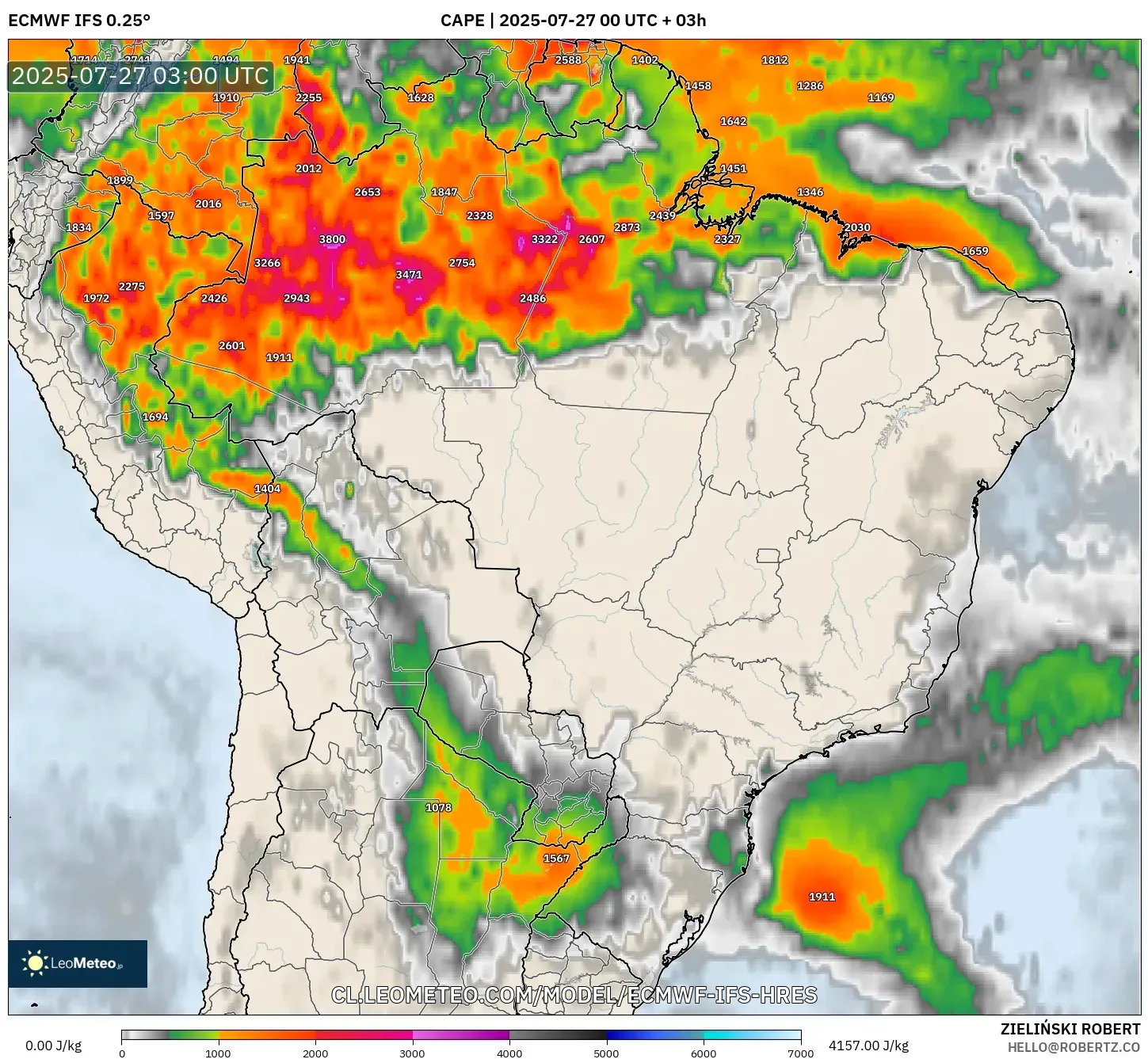 ECMWF IFS 0.25° model - Brasil, CAPE ECMWF IFS 0.25° model - Brasil, CAPE
