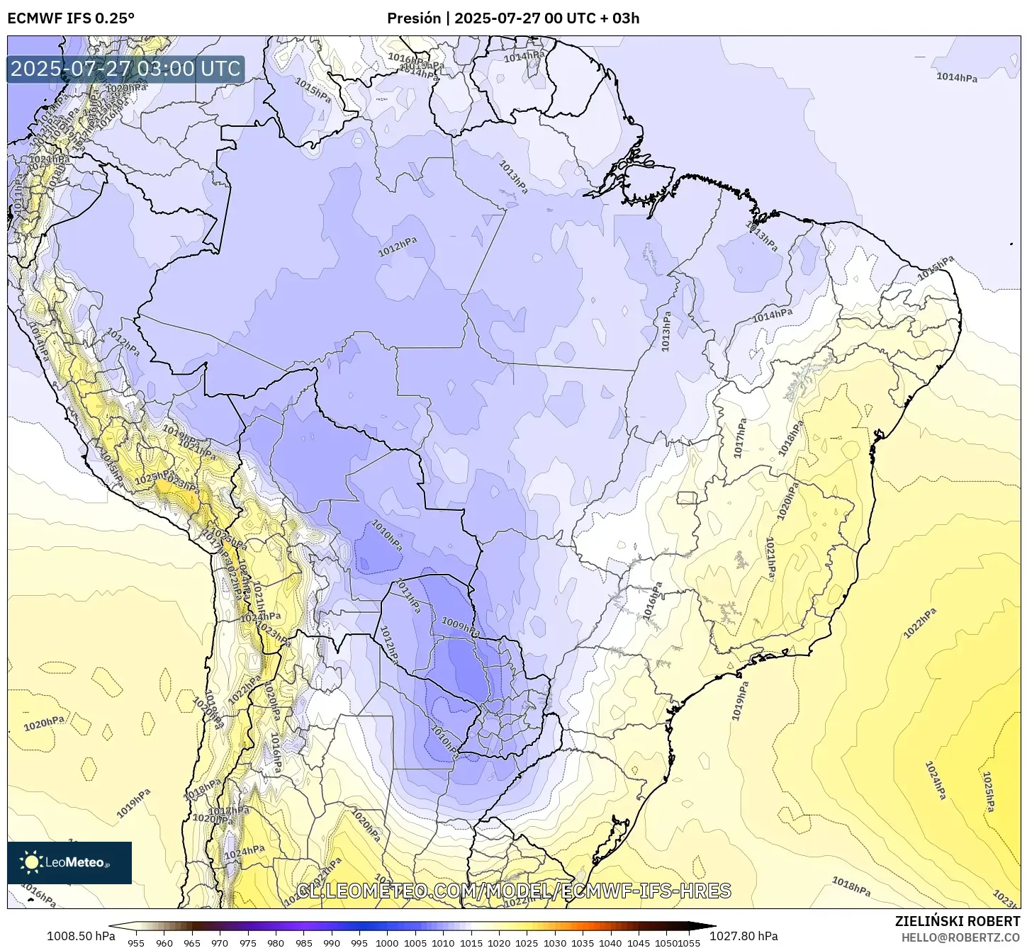 ECMWF IFS 0.25° model - Brasil, Presión ECMWF IFS 0.25° model - Brasil, Presión