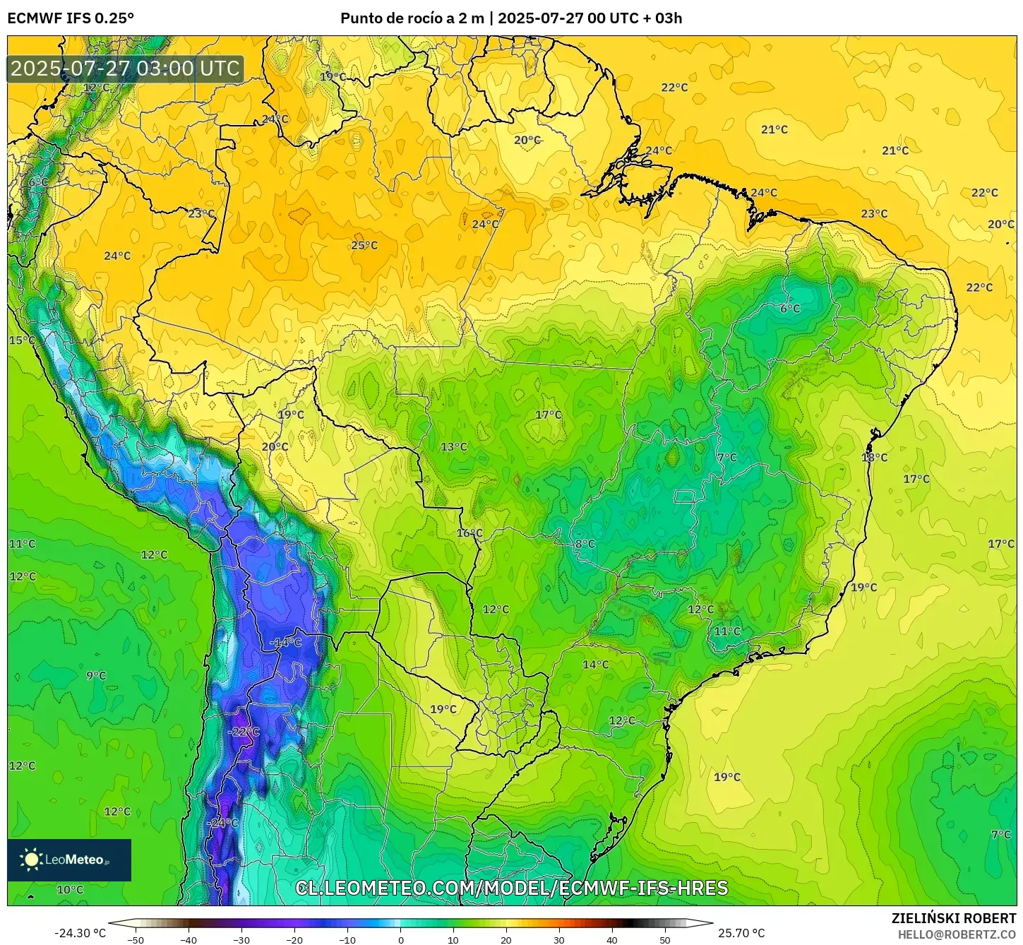 ECMWF IFS 0.25° model - Brasil, Punto de rocío a 2 m ECMWF IFS 0.25° model - Brasil, Punto de rocío a 2 m