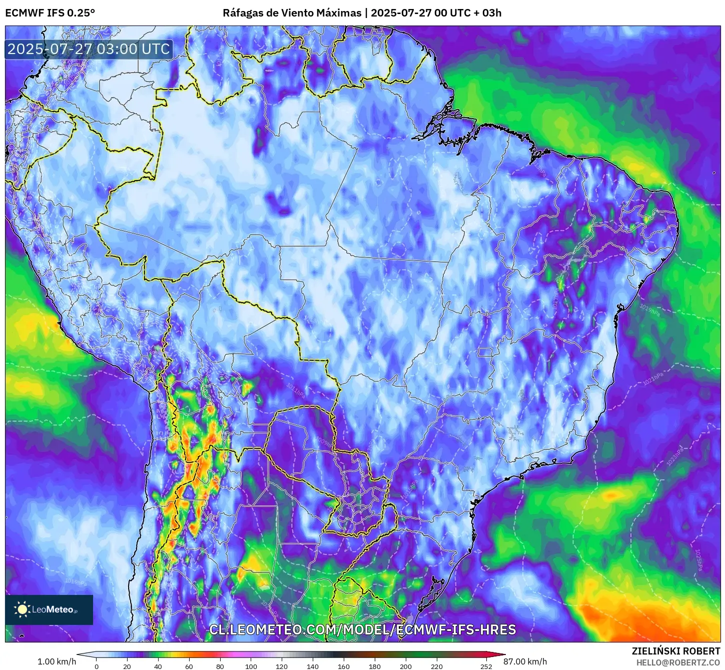 ECMWF IFS 0.25° model - Brasil, Ráfagas de Viento Máximas
