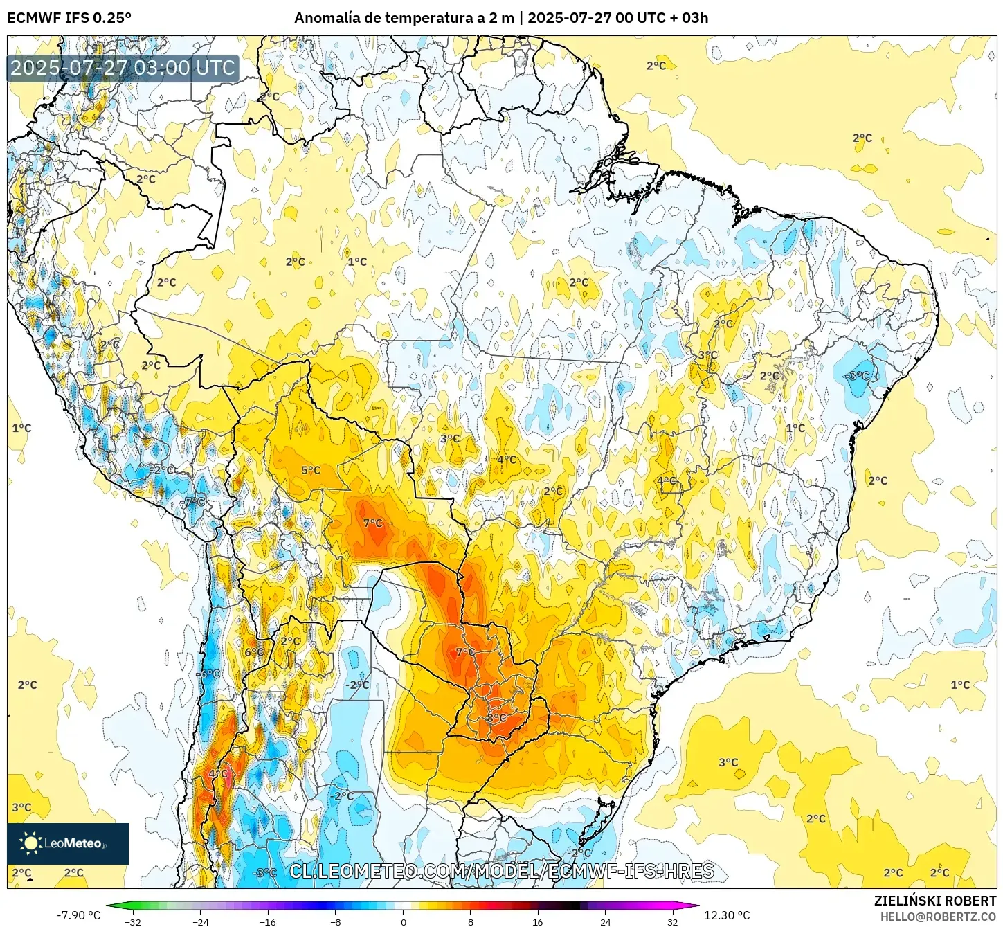 ECMWF IFS 0.25° model - Brasil, Anomalía de temperatura a 2 m ECMWF IFS 0.25° model - Brasil, Anomalía de temperatura a 2 m