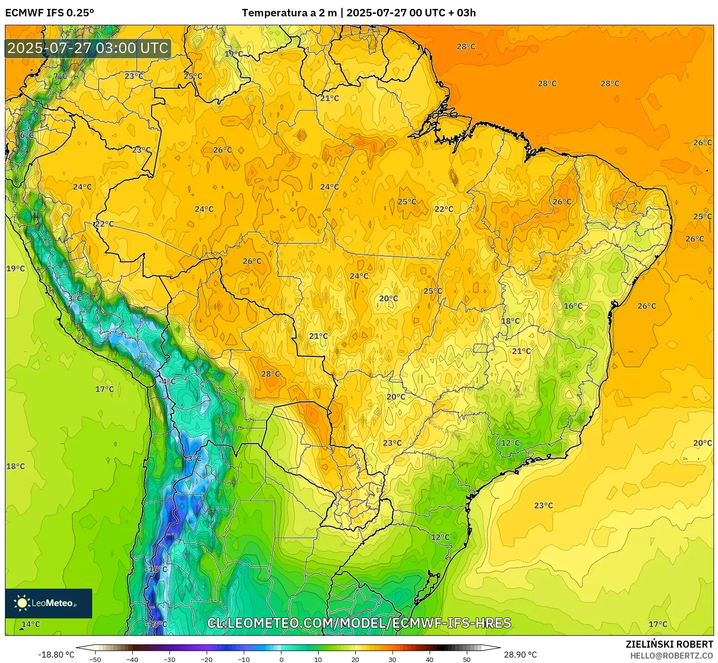 ECMWF IFS 0.25° model - Brasil, Temperatura a 2 m ECMWF IFS 0.25° model - Brasil, Temperatura a 2 m