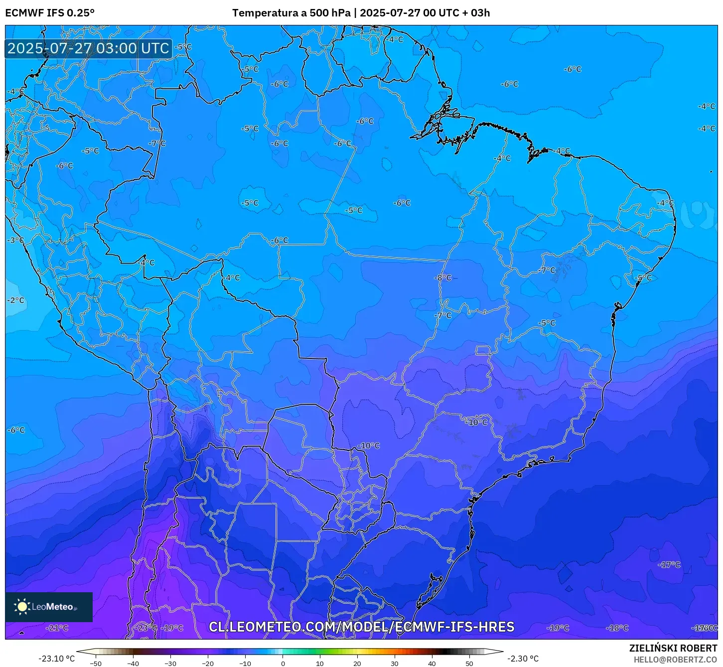 ECMWF IFS 0.25° model - Brasil, Temperatura a 500 hPa ECMWF IFS 0.25° model - Brasil, Temperatura a 500 hPa