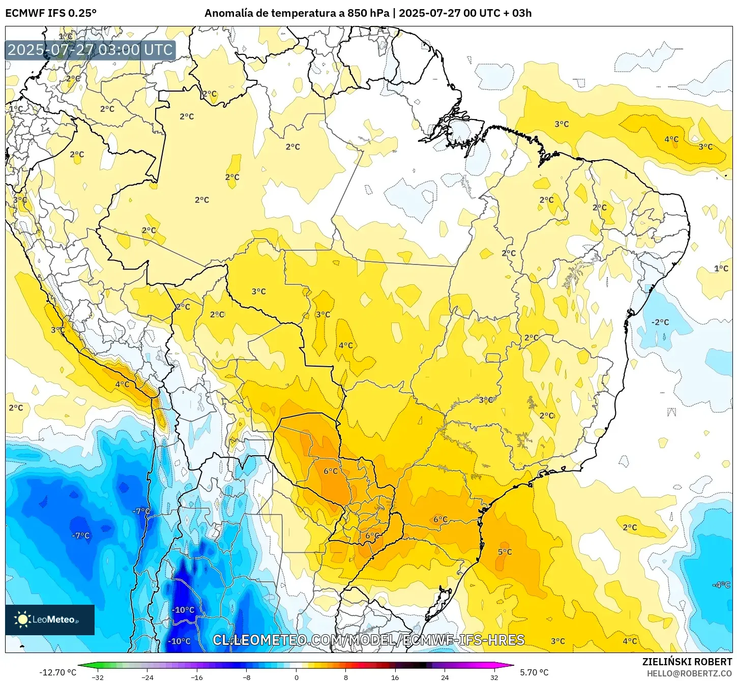 ECMWF IFS 0.25° model - Brasil, Anomalía de temperatura a 850 hPa ECMWF IFS 0.25° model - Brasil, Anomalía de temperatura a 850 hPa