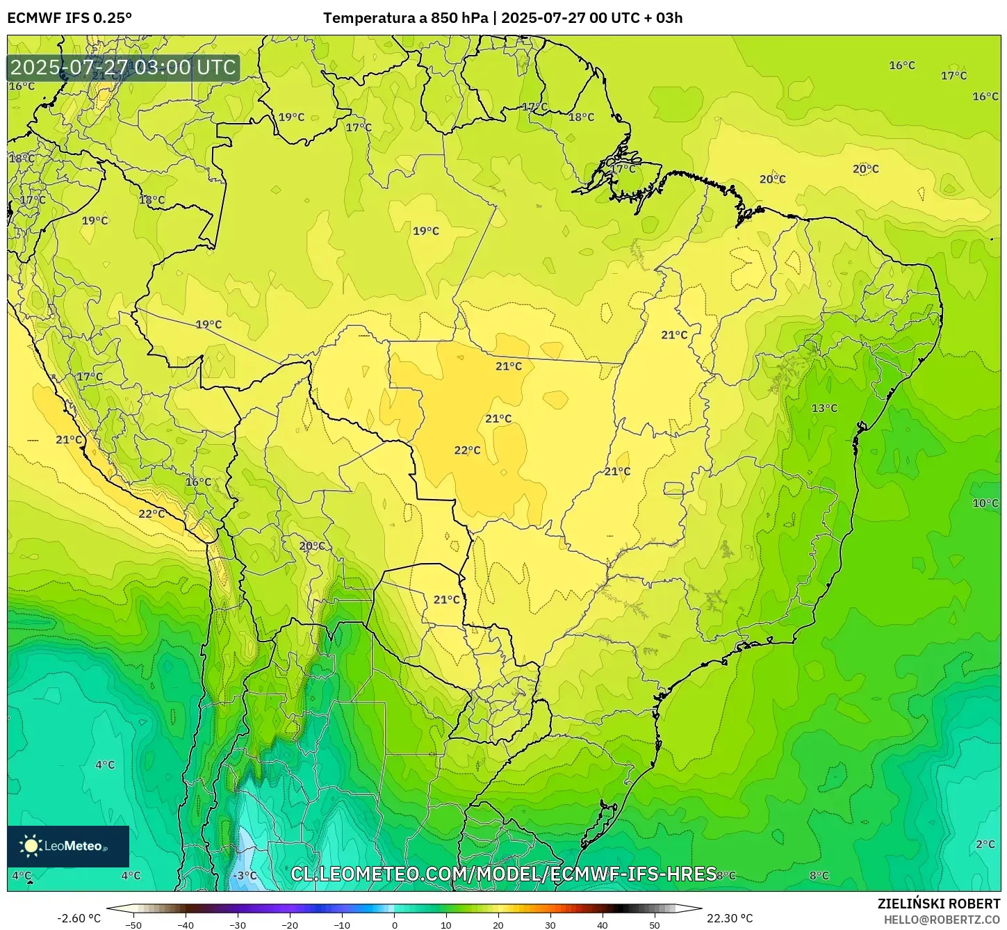 ECMWF IFS 0.25° model - Brasil, Temperatura a 850 hPa ECMWF IFS 0.25° model - Brasil, Temperatura a 850 hPa