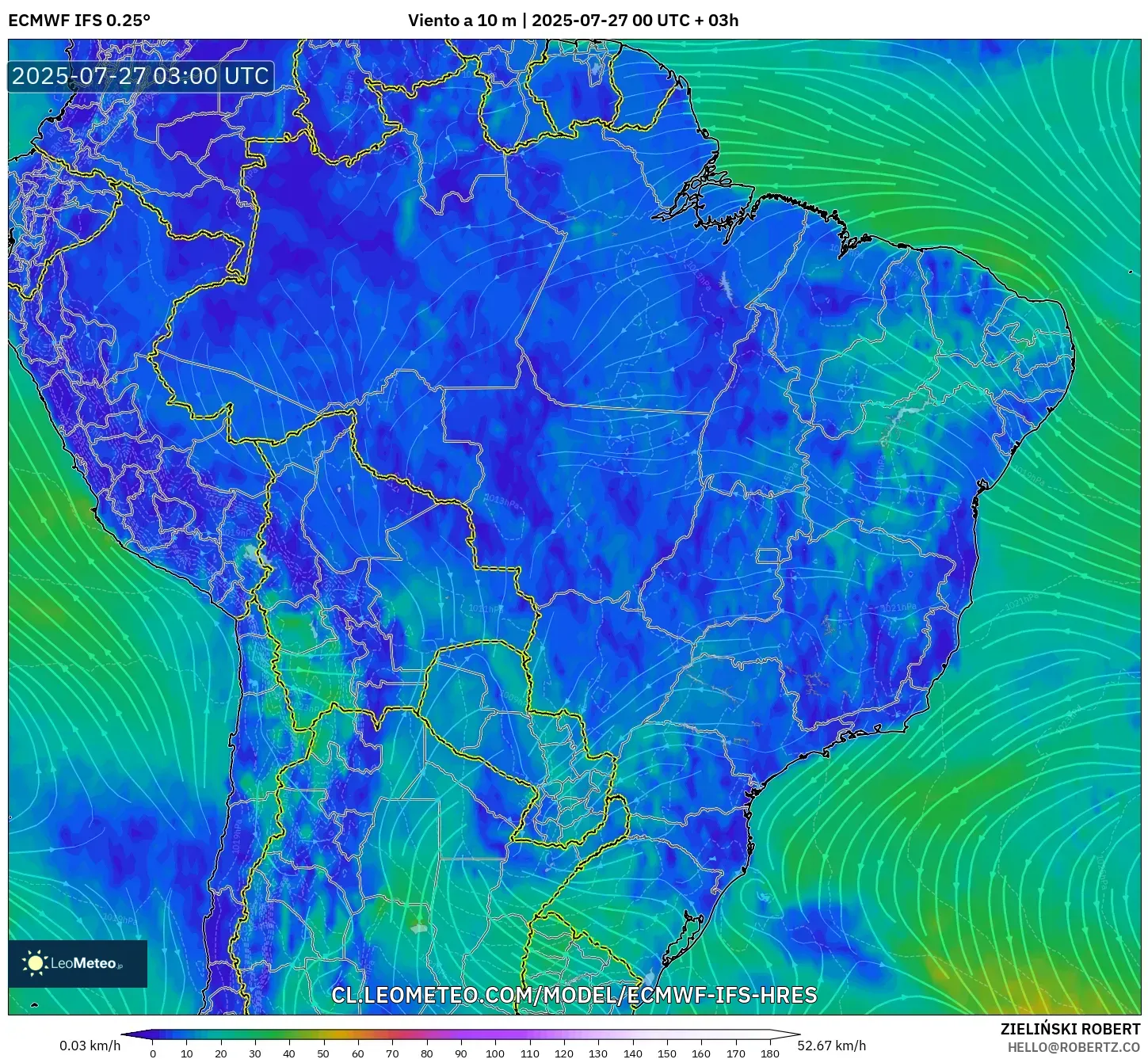 ECMWF IFS 0.25° model - Brasil, Viento a 10 m ECMWF IFS 0.25° model - Brasil, Viento a 10 m