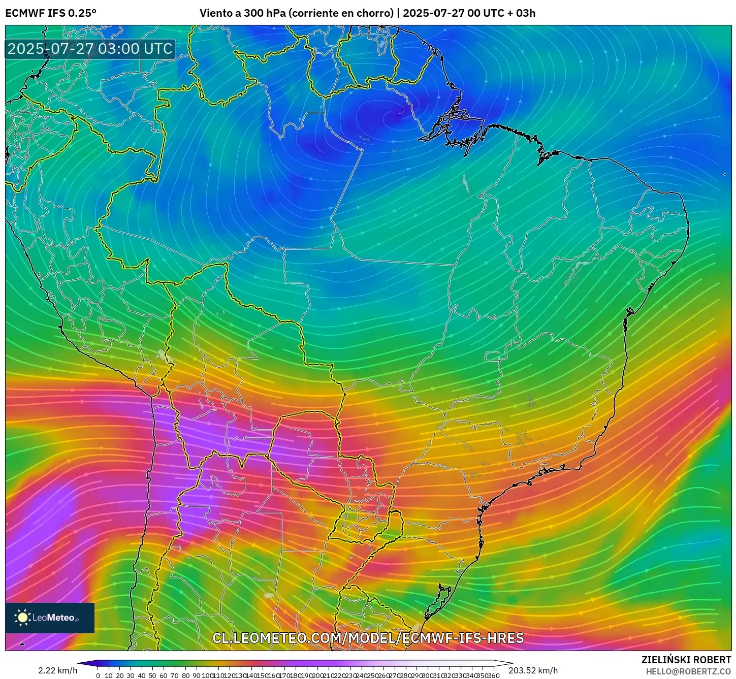 ECMWF IFS 0.25° model - Brasil, Viento a 300 hPa (corriente en chorro) ECMWF IFS 0.25° model - Brasil, Viento a 300 hPa (corriente en chorro)