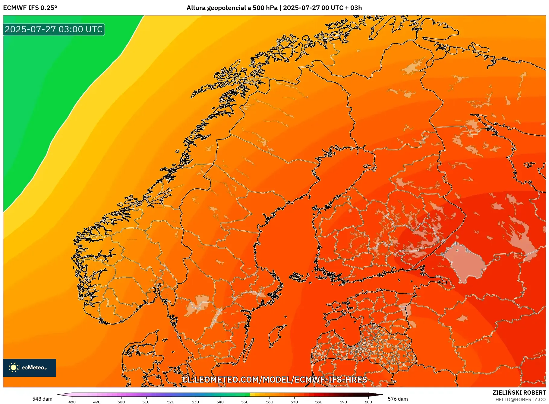 ECMWF IFS 0.25° model - Escandinavia, Altura geopotencial a 500 hPa