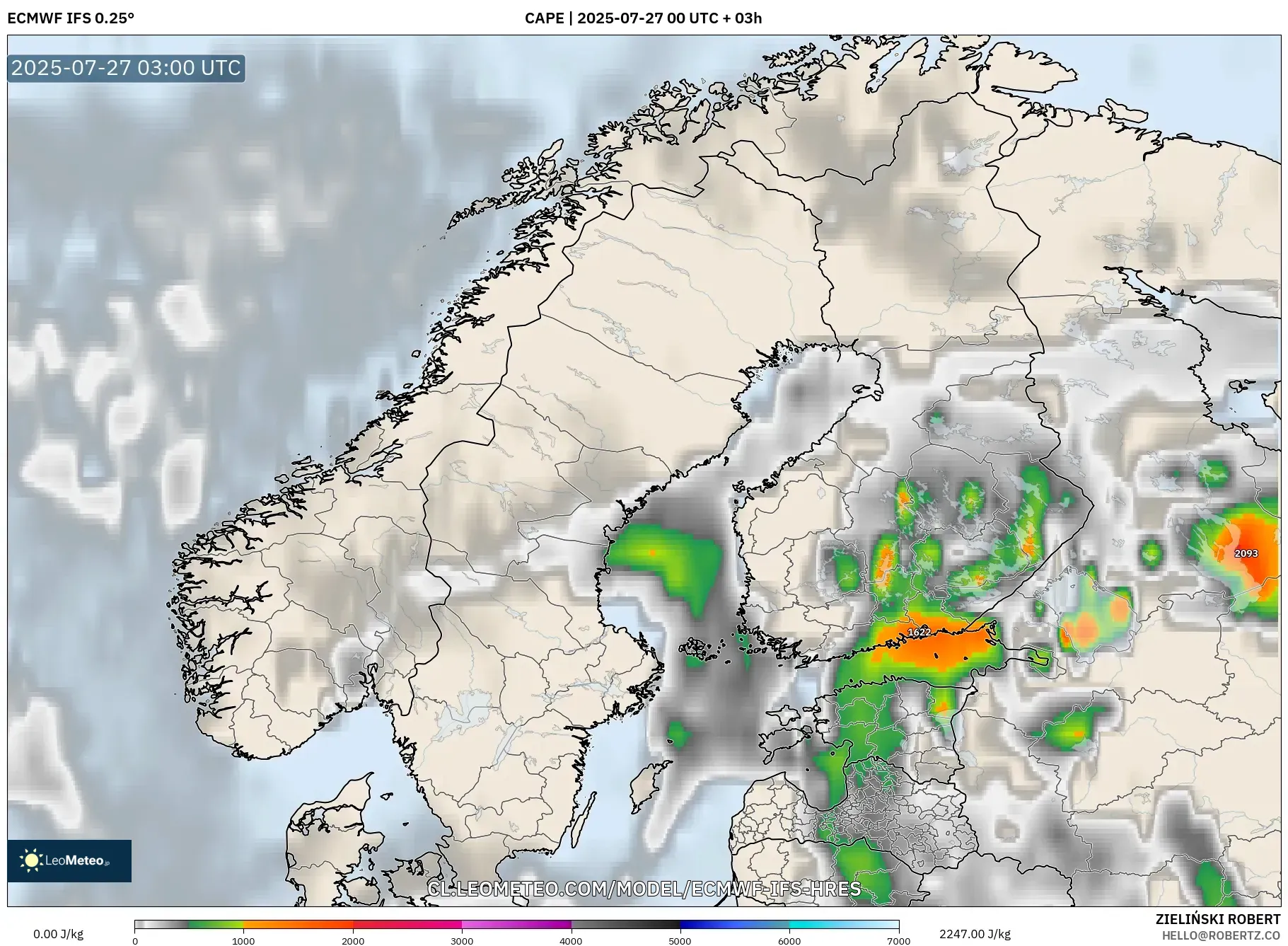 ECMWF IFS 0.25° model - Escandinavia, CAPE