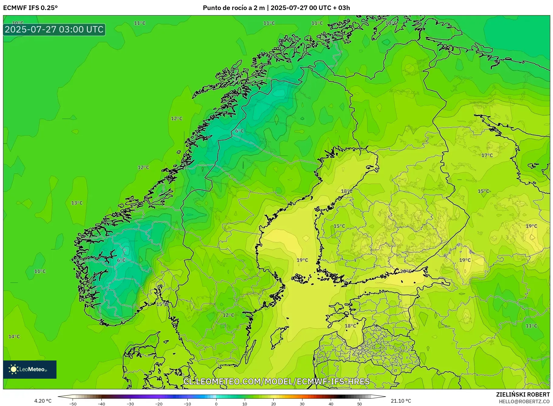 ECMWF IFS 0.25° model - Escandinavia, Punto de rocío a 2 m ECMWF IFS 0.25° model - Escandinavia, Punto de rocío a 2 m