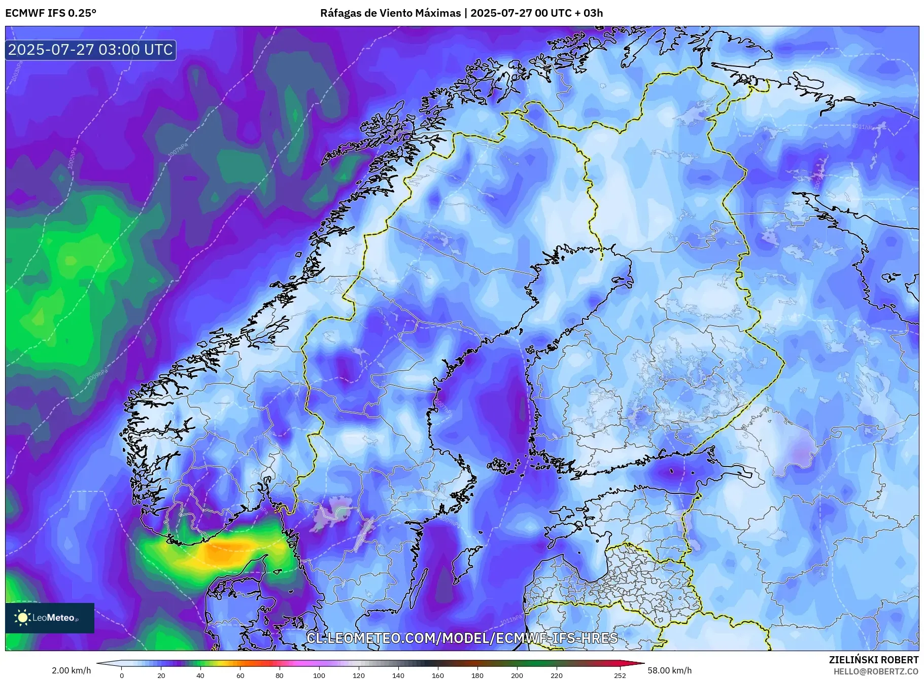 ECMWF IFS 0.25° model - Escandinavia, Ráfagas de Viento Máximas