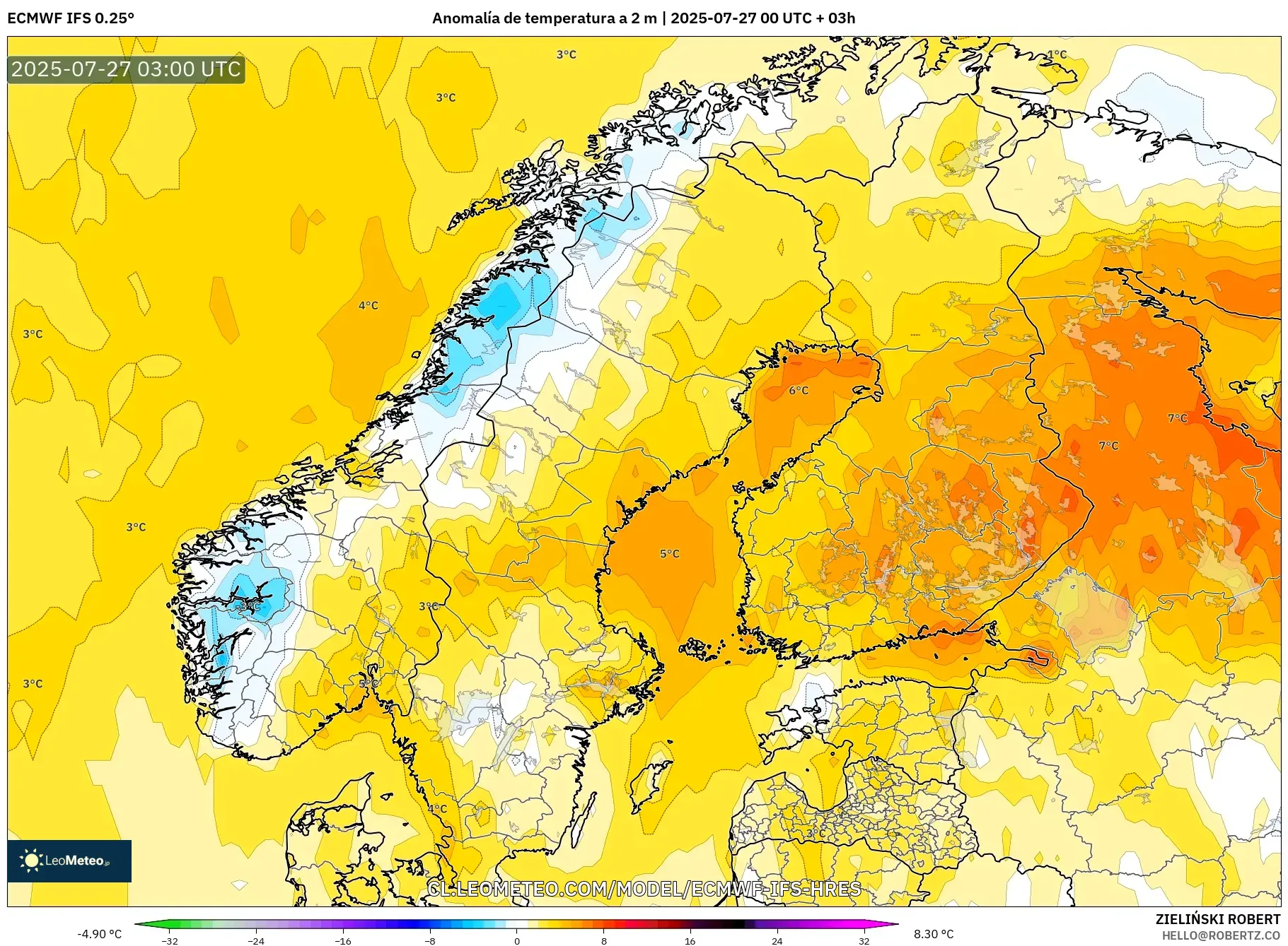 ECMWF IFS 0.25° model - Escandinavia, Anomalía de temperatura a 2 m