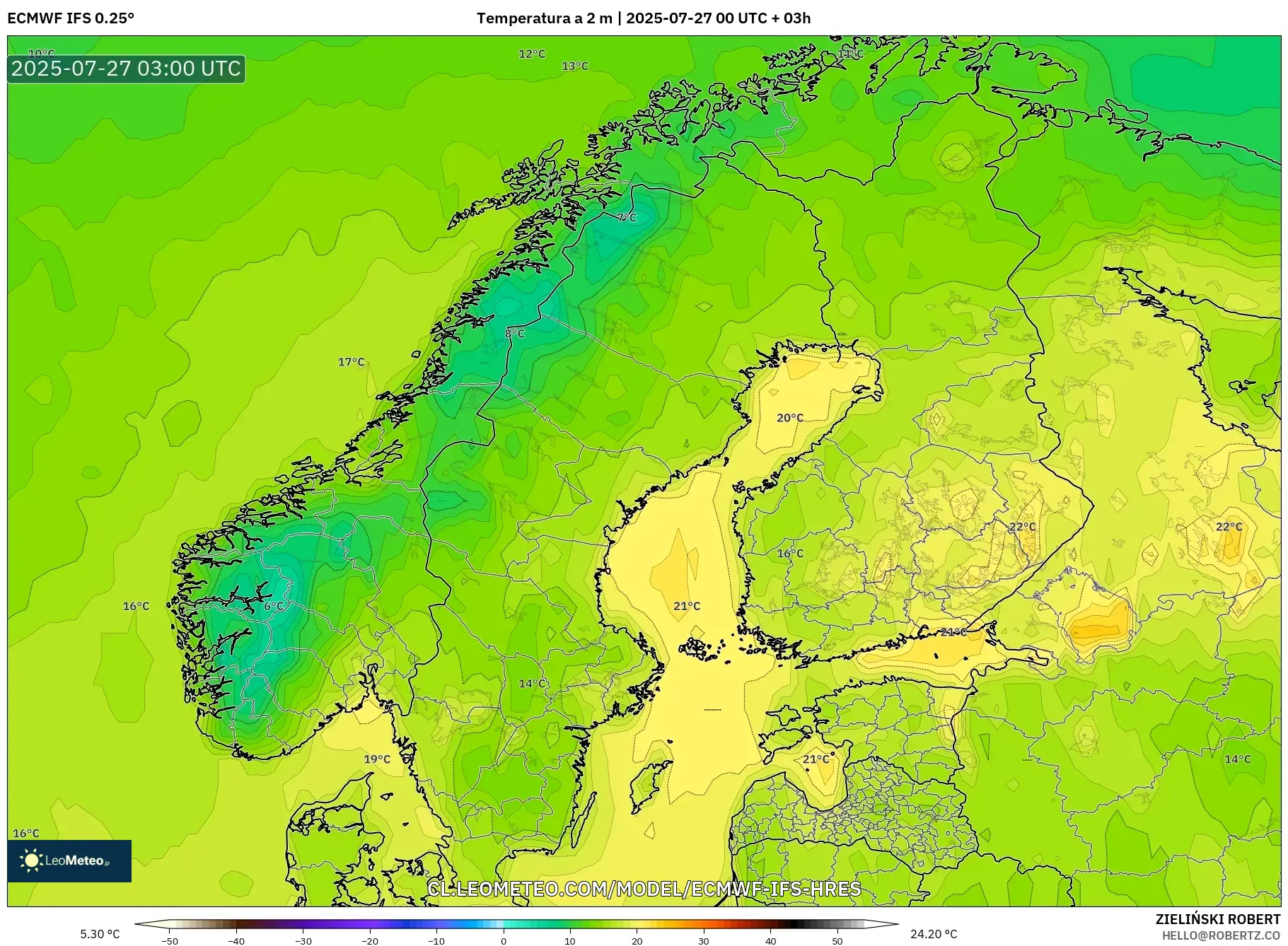 ECMWF IFS 0.25° model - Escandinavia, Temperatura a 2 m