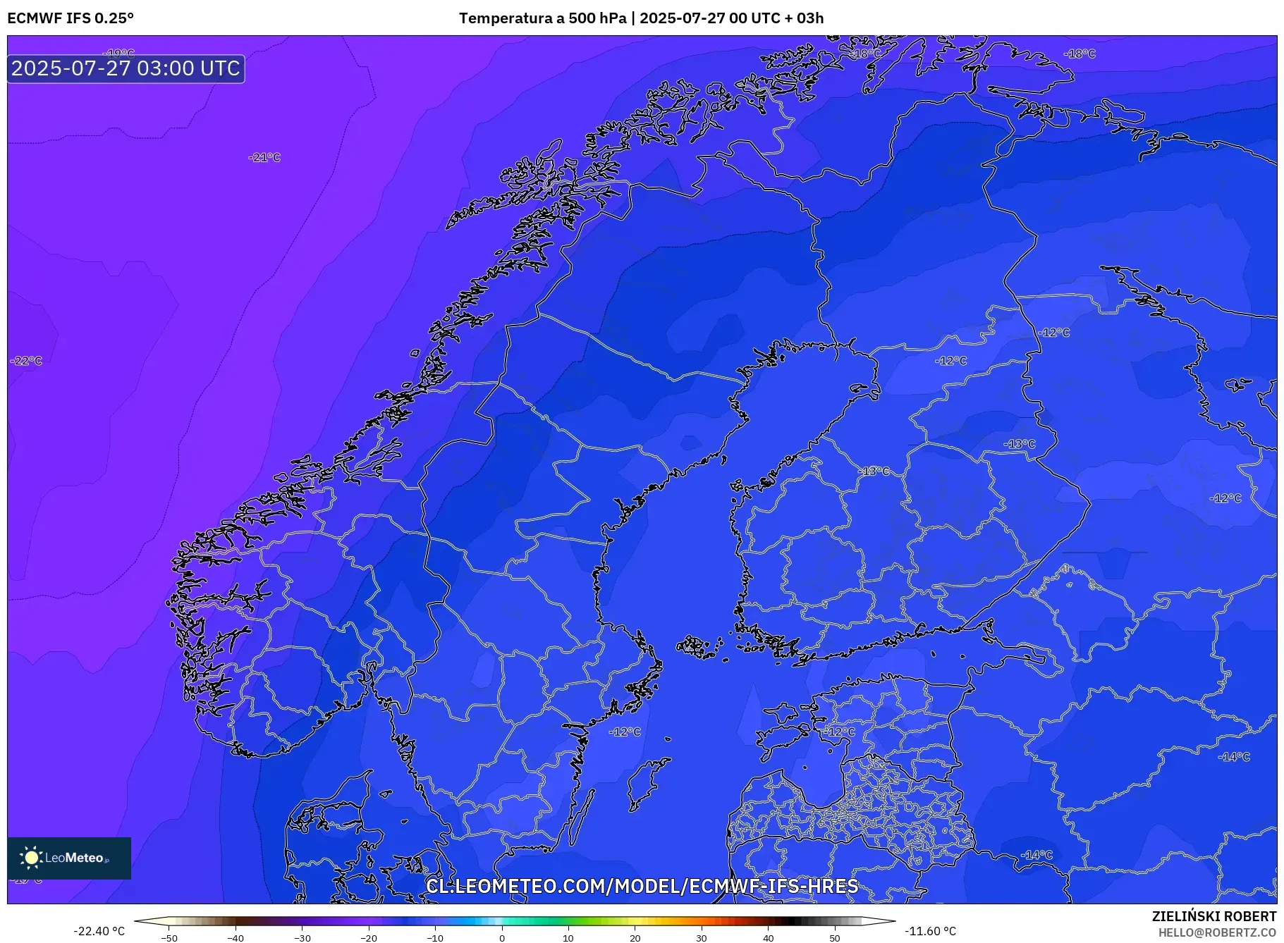 ECMWF IFS 0.25° model - Escandinavia, Temperatura a 500 hPa ECMWF IFS 0.25° model - Escandinavia, Temperatura a 500 hPa