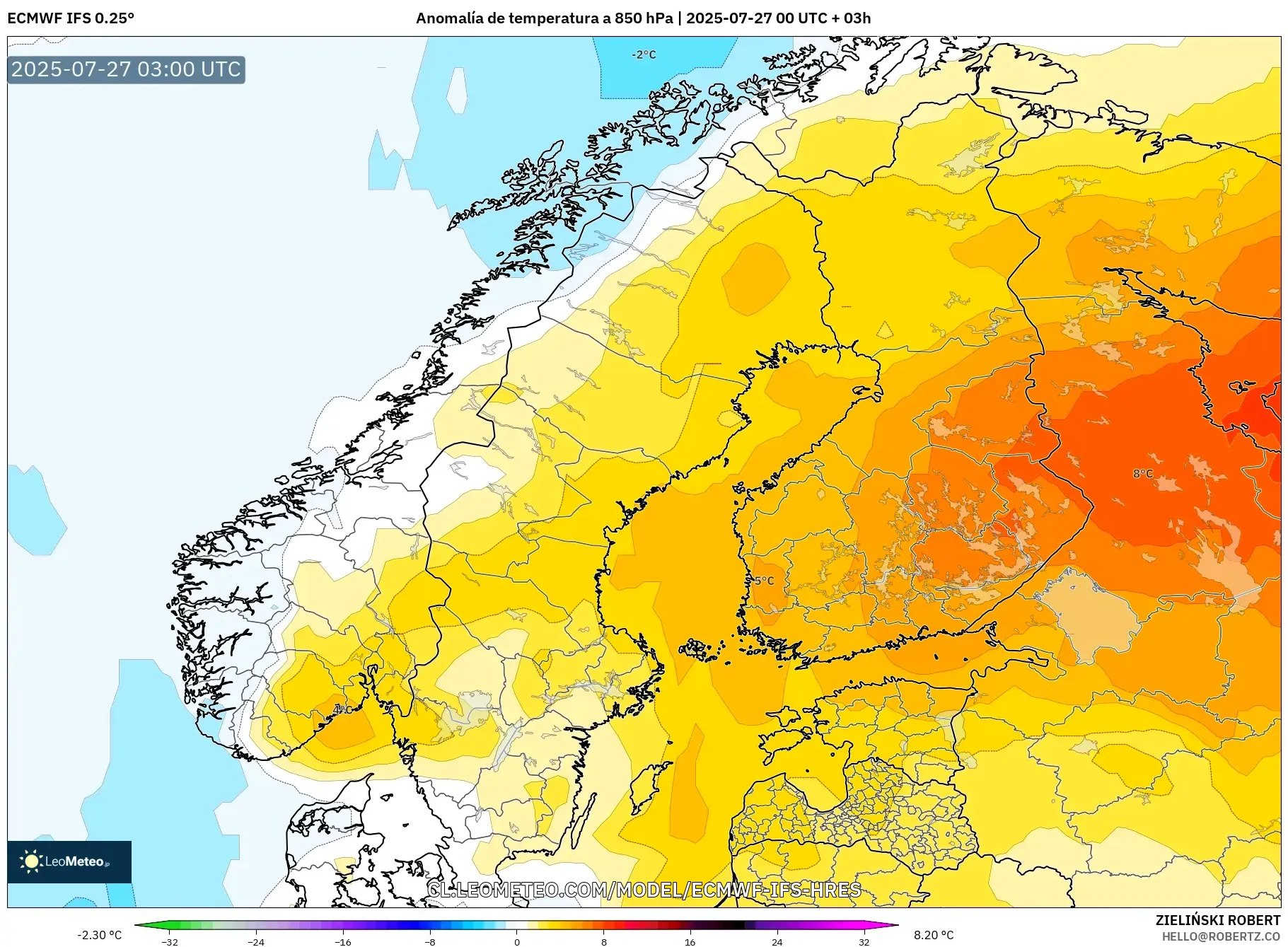 ECMWF IFS 0.25° model - Escandinavia, Anomalía de temperatura a 850 hPa ECMWF IFS 0.25° model - Escandinavia, Anomalía de temperatura a 850 hPa