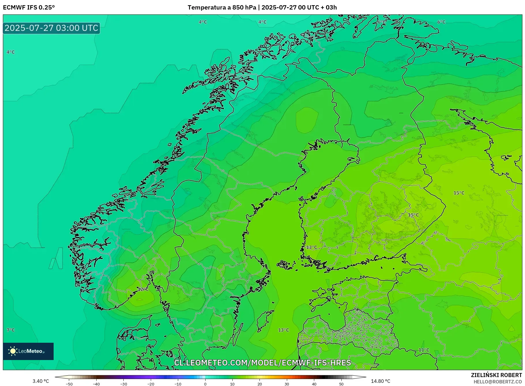 ECMWF IFS 0.25° model - Escandinavia, Temperatura a 850 hPa ECMWF IFS 0.25° model - Escandinavia, Temperatura a 850 hPa