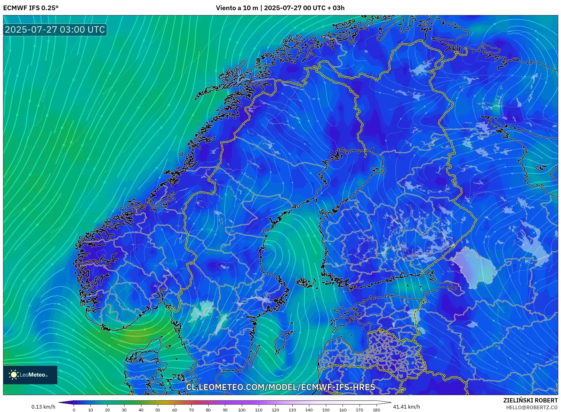 ECMWF IFS 0.25° model - Escandinavia, Viento a 10 m