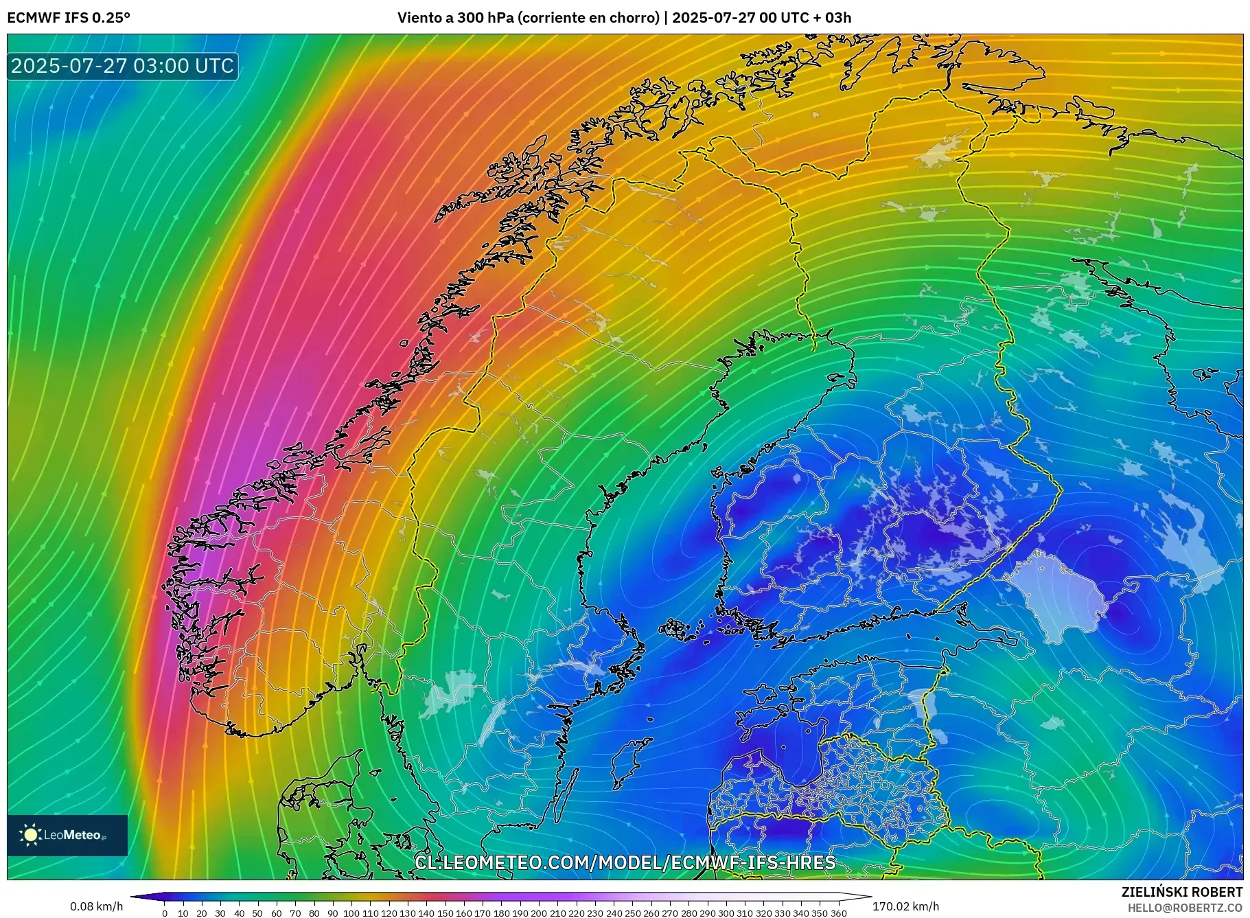 ECMWF IFS 0.25° model - Escandinavia, Viento a 300 hPa (corriente en chorro) ECMWF IFS 0.25° model - Escandinavia, Viento a 300 hPa (corriente en chorro)