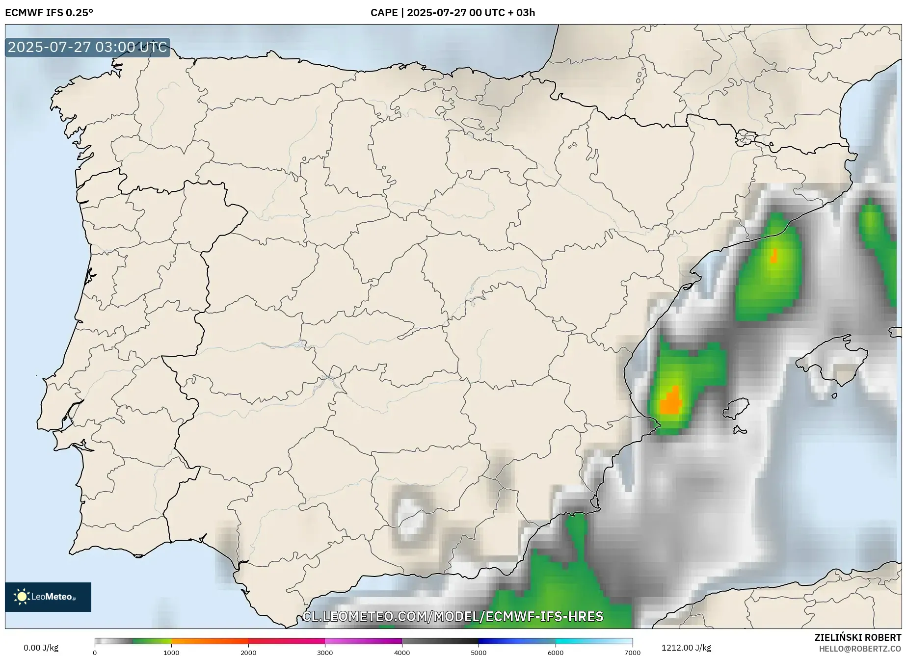 ECMWF IFS 0.25° model - España, CAPE ECMWF IFS 0.25° model - España, CAPE