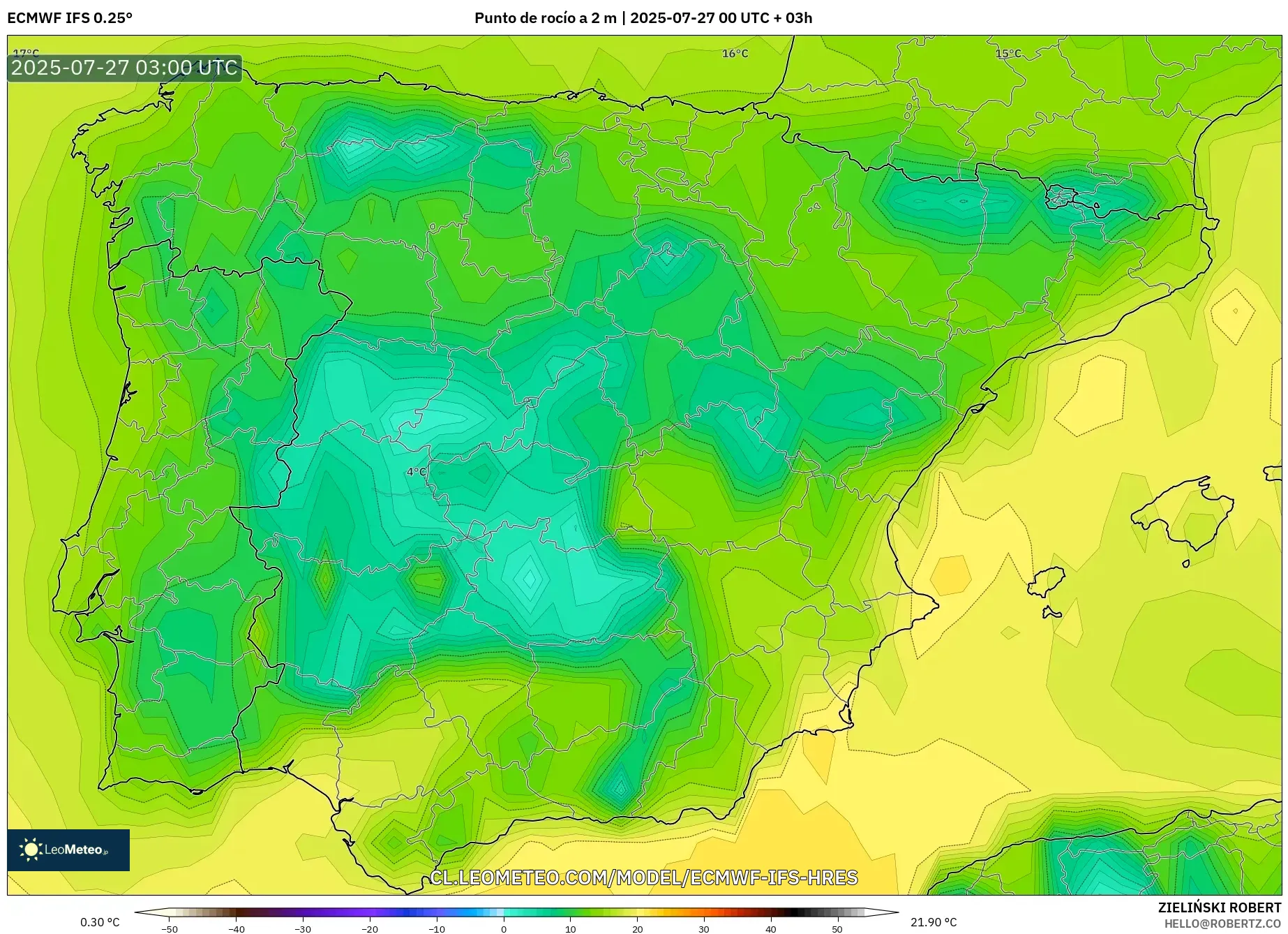 ECMWF IFS 0.25° model - España, Punto de rocío a 2 m