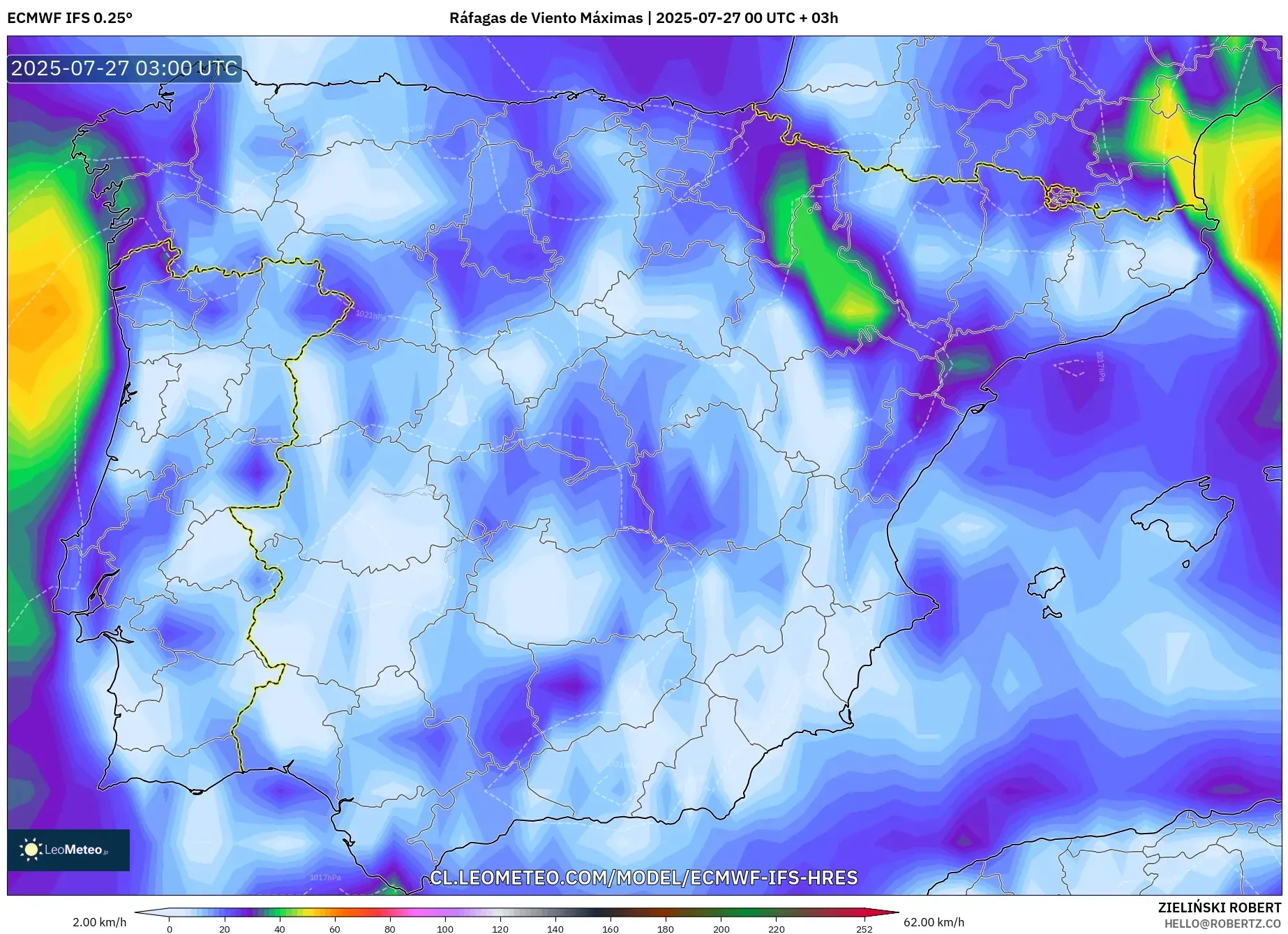 ECMWF IFS 0.25° model - España, Ráfagas de Viento Máximas