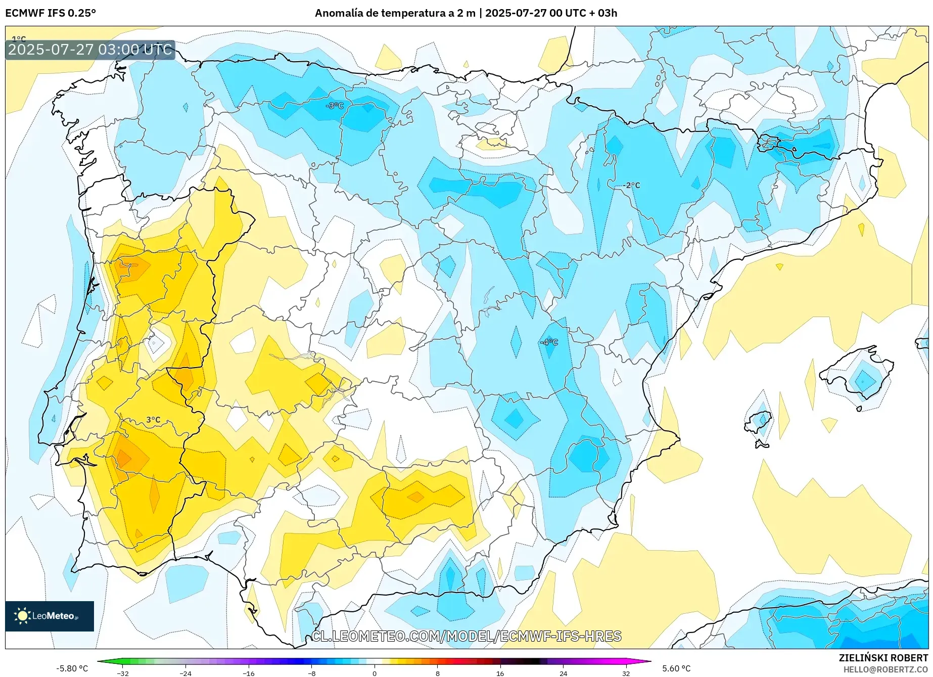 ECMWF IFS 0.25° model - España, Anomalía de temperatura a 2 m ECMWF IFS 0.25° model - España, Anomalía de temperatura a 2 m