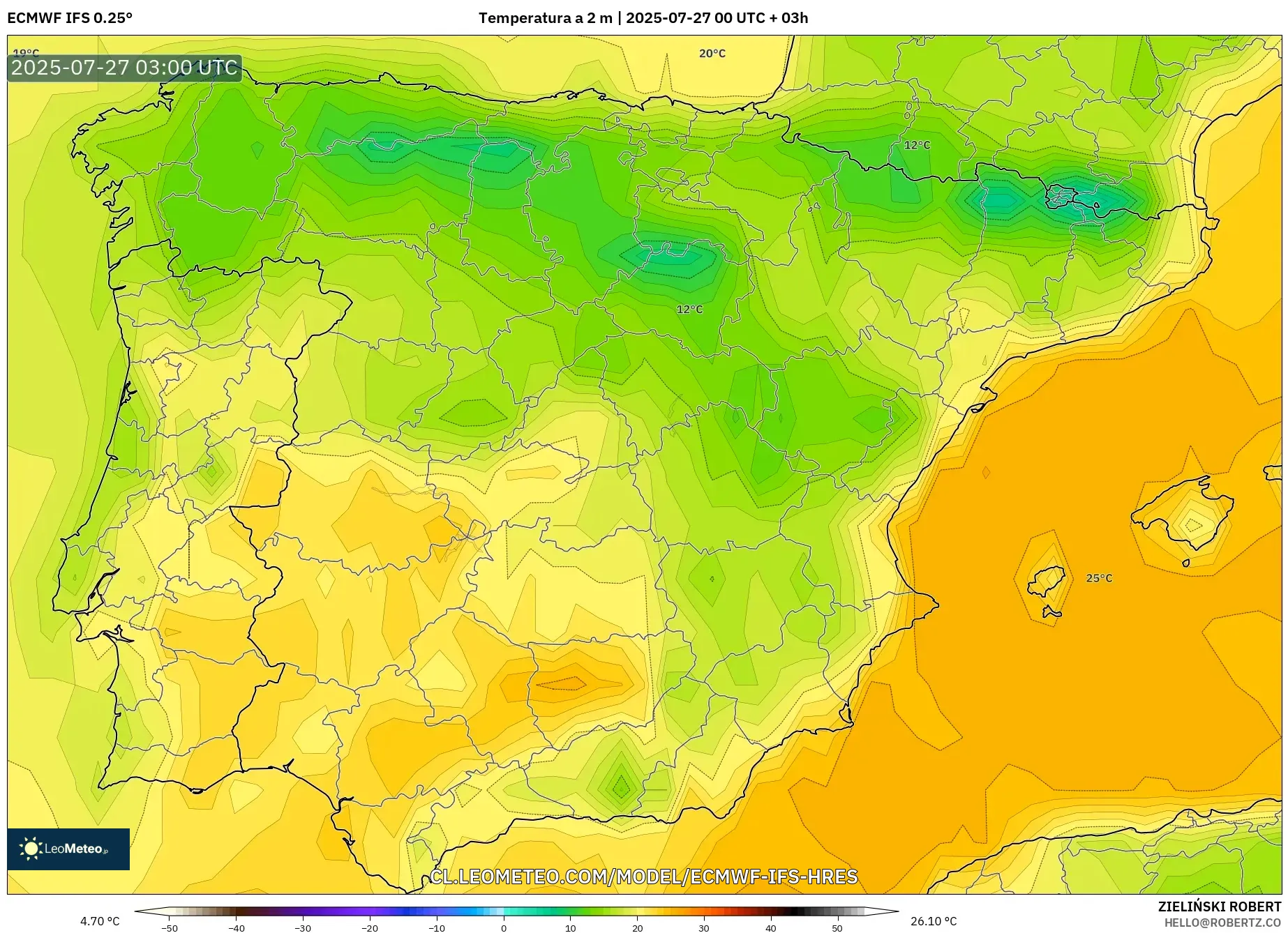 ECMWF IFS 0.25° model - España, Temperatura a 2 m ECMWF IFS 0.25° model - España, Temperatura a 2 m