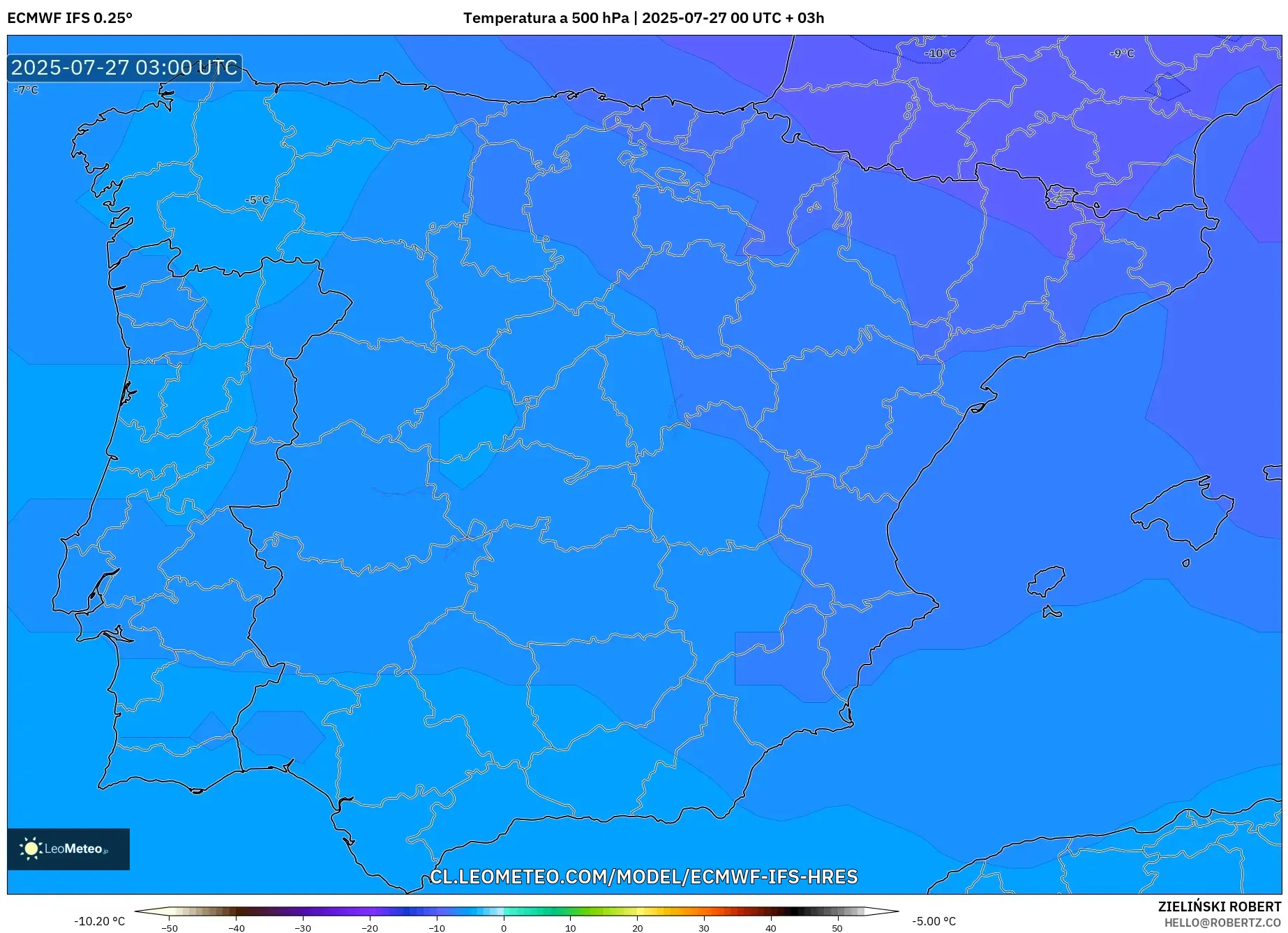 ECMWF IFS 0.25° model - España, Temperatura a 500 hPa
