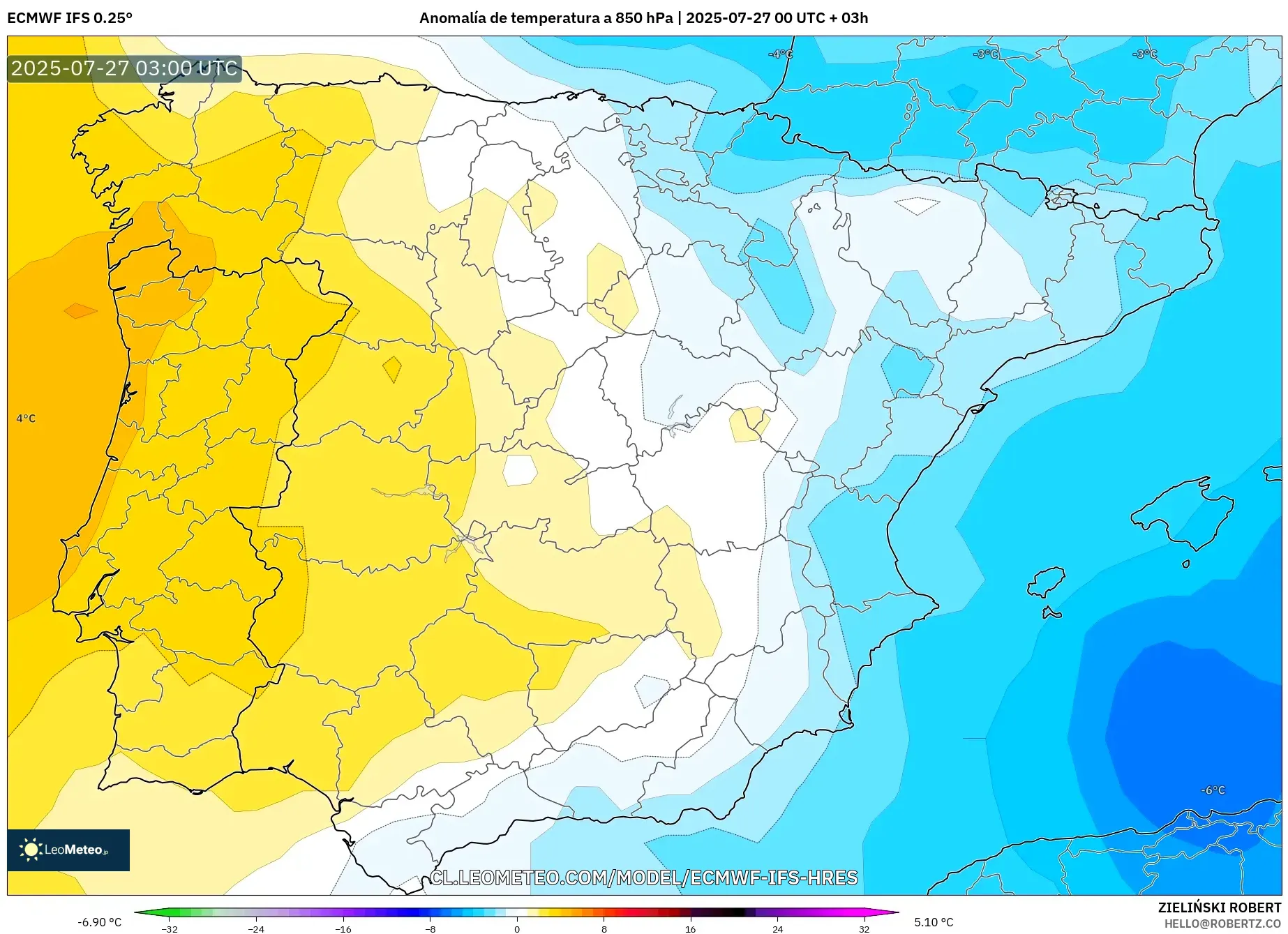ECMWF IFS 0.25° model - España, Anomalía de temperatura a 850 hPa ECMWF IFS 0.25° model - España, Anomalía de temperatura a 850 hPa