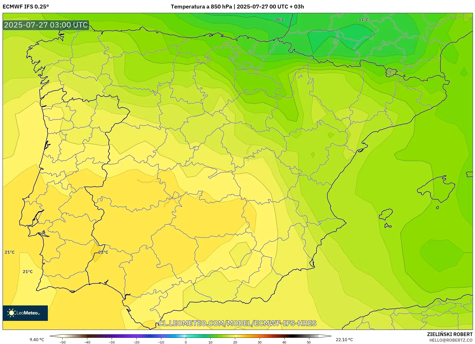 ECMWF IFS 0.25° model - España, Temperatura a 850 hPa ECMWF IFS 0.25° model - España, Temperatura a 850 hPa