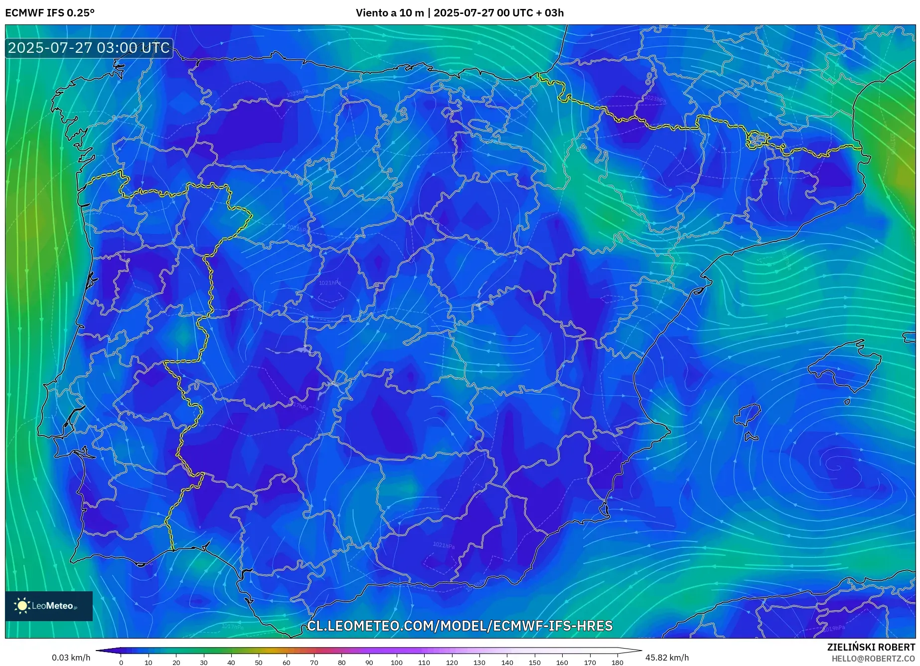 ECMWF IFS 0.25° model - España, Viento a 10 m