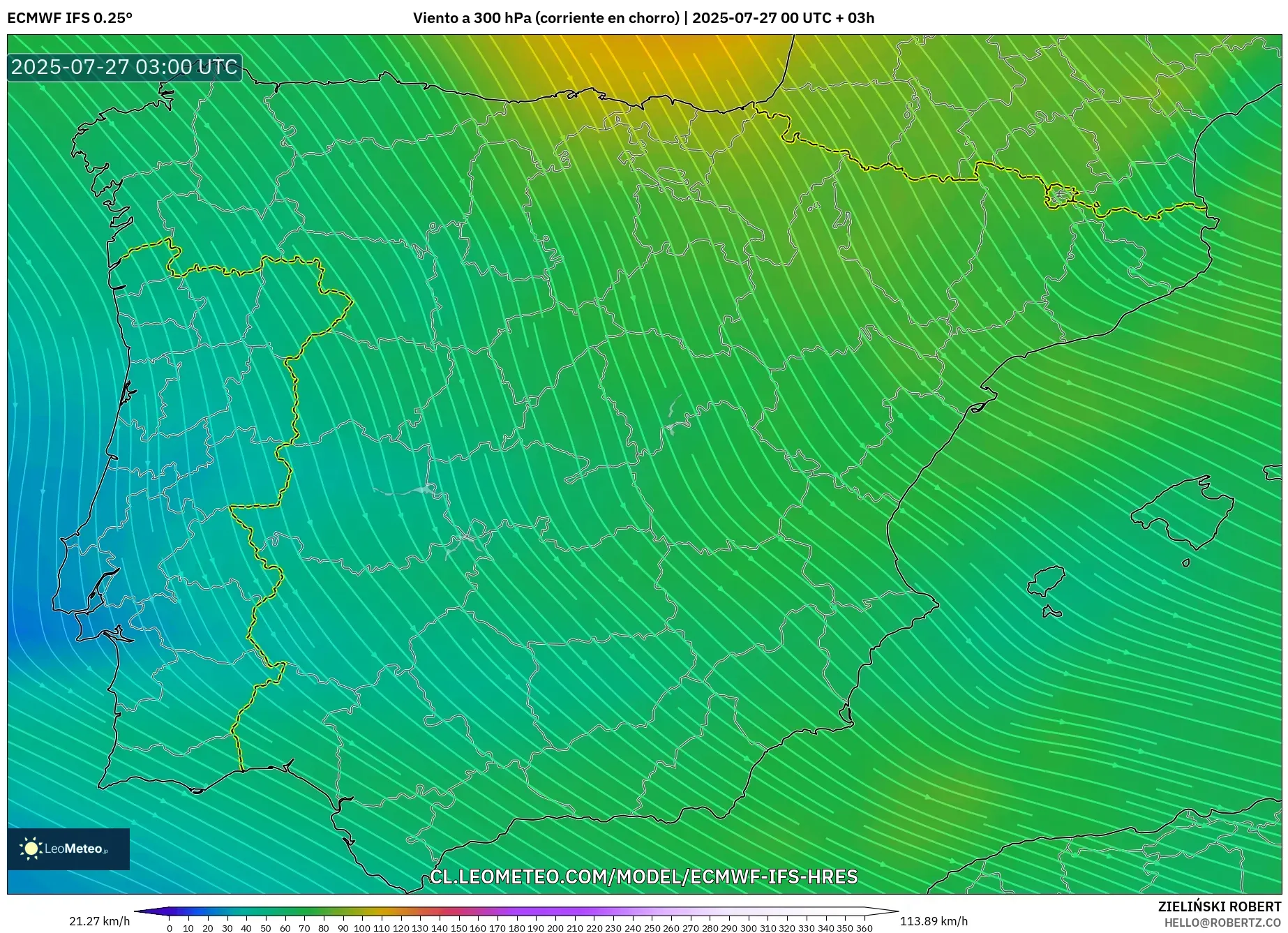 ECMWF IFS 0.25° model - España, Viento a 300 hPa (corriente en chorro)
