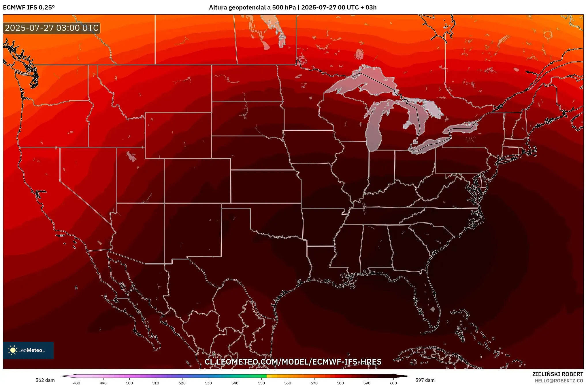 ECMWF IFS 0.25° model - Estados Unidos, Altura geopotencial a 500 hPa ECMWF IFS 0.25° model - Estados Unidos, Altura geopotencial a 500 hPa