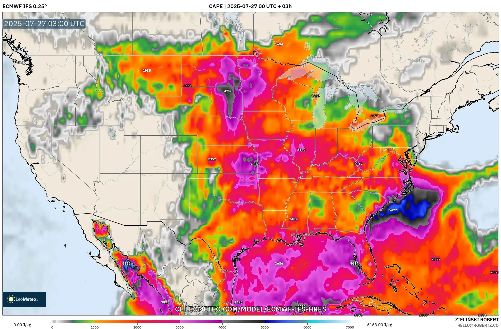 ECMWF IFS 0.25° model - Estados Unidos, CAPE ECMWF IFS 0.25° model - Estados Unidos, CAPE