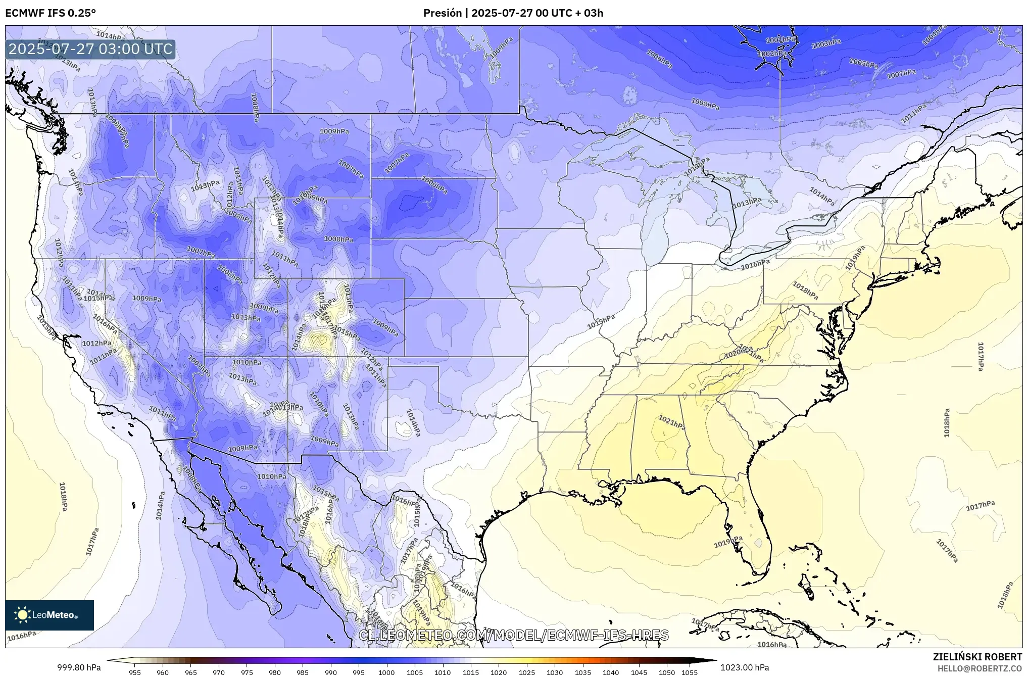 ECMWF IFS 0.25° model - Estados Unidos, Presión ECMWF IFS 0.25° model - Estados Unidos, Presión
